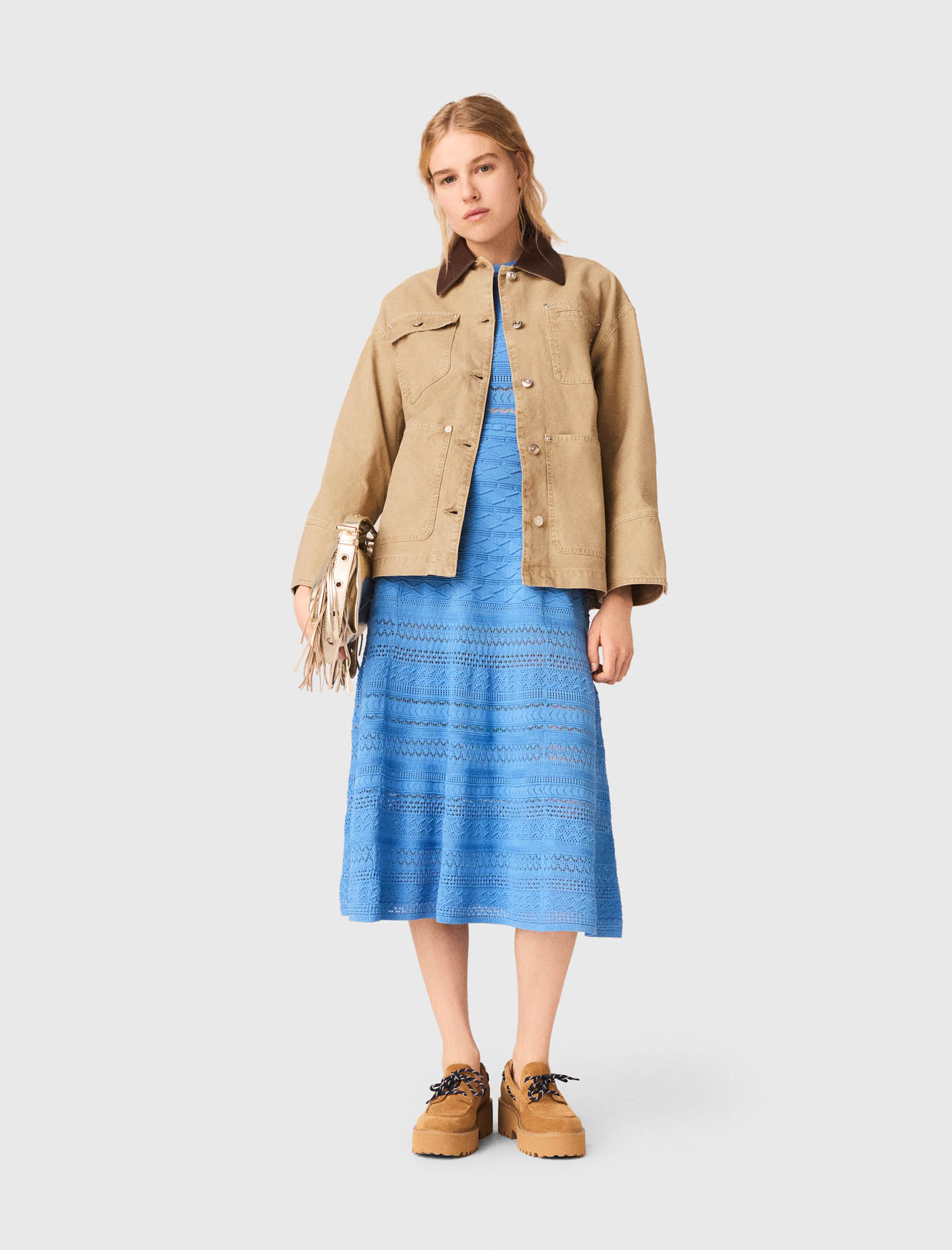 Denim Jacket With Pleated Back - Beige - Size 12 - Maje
