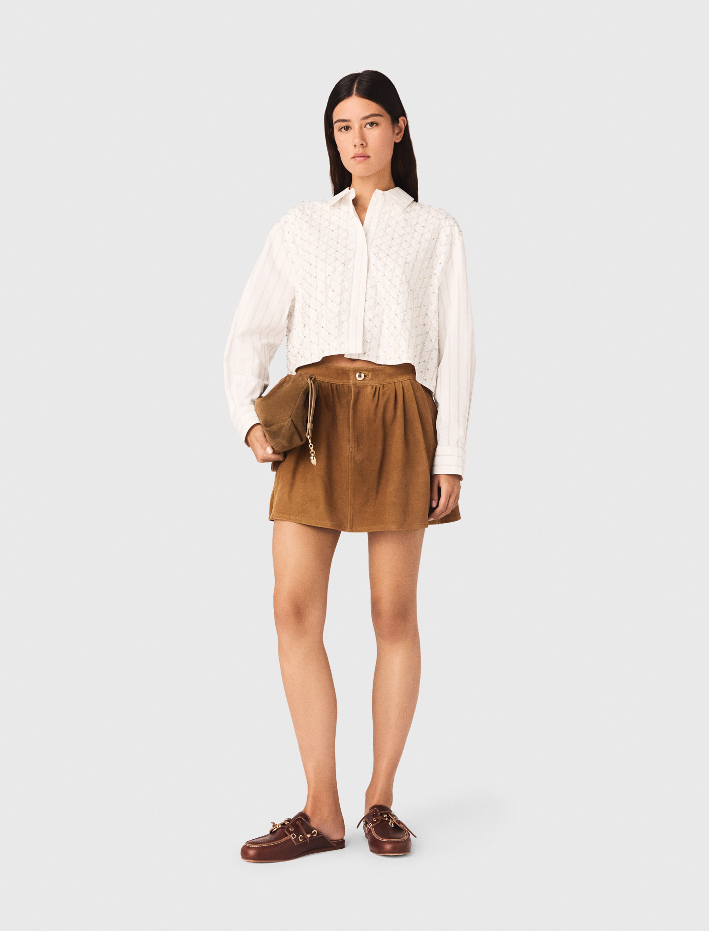 Beaded Cropped Shirt - White - Size 6 - Maje