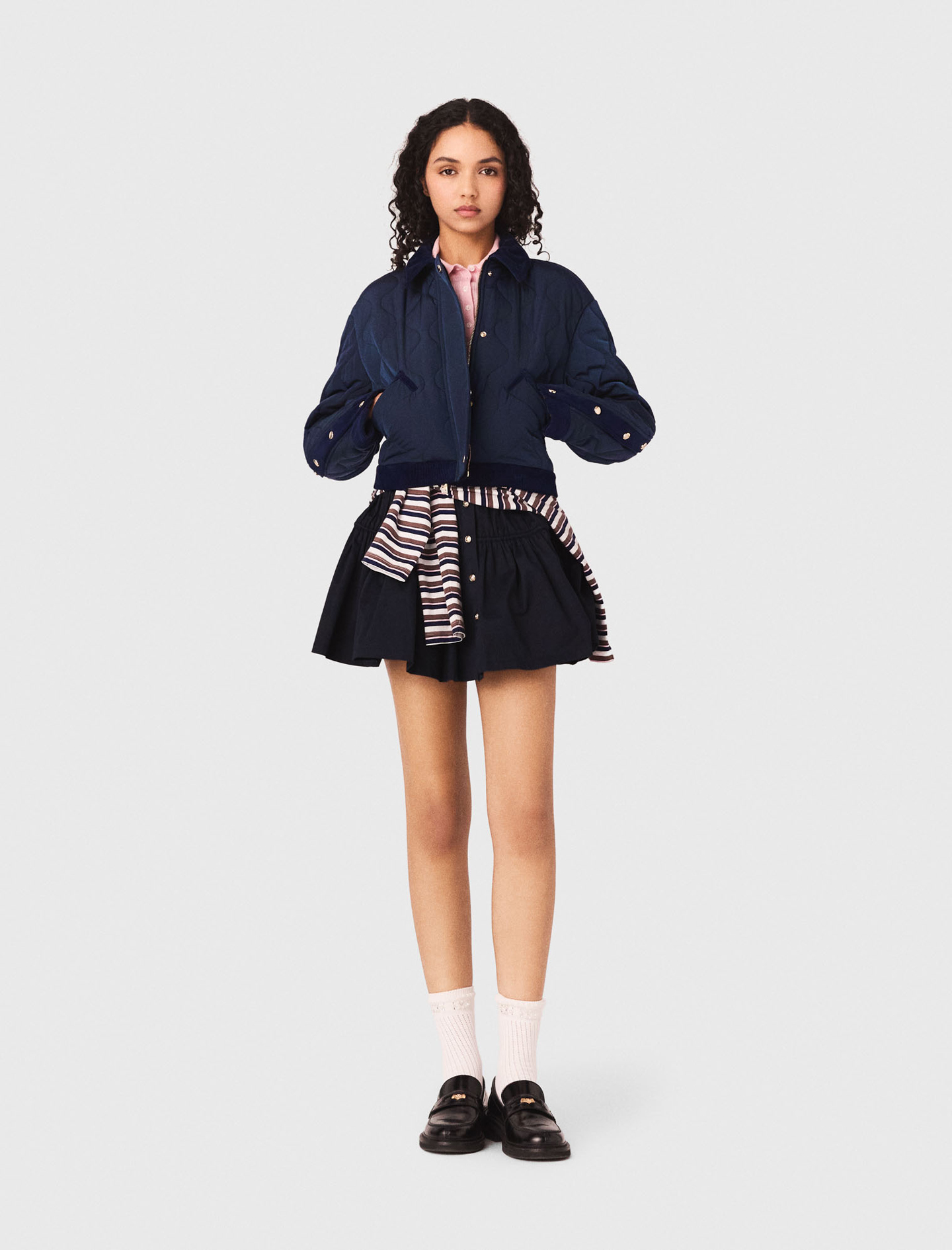 Quilted Jacket With Velvet Details - Navy - Size 12 - Maje