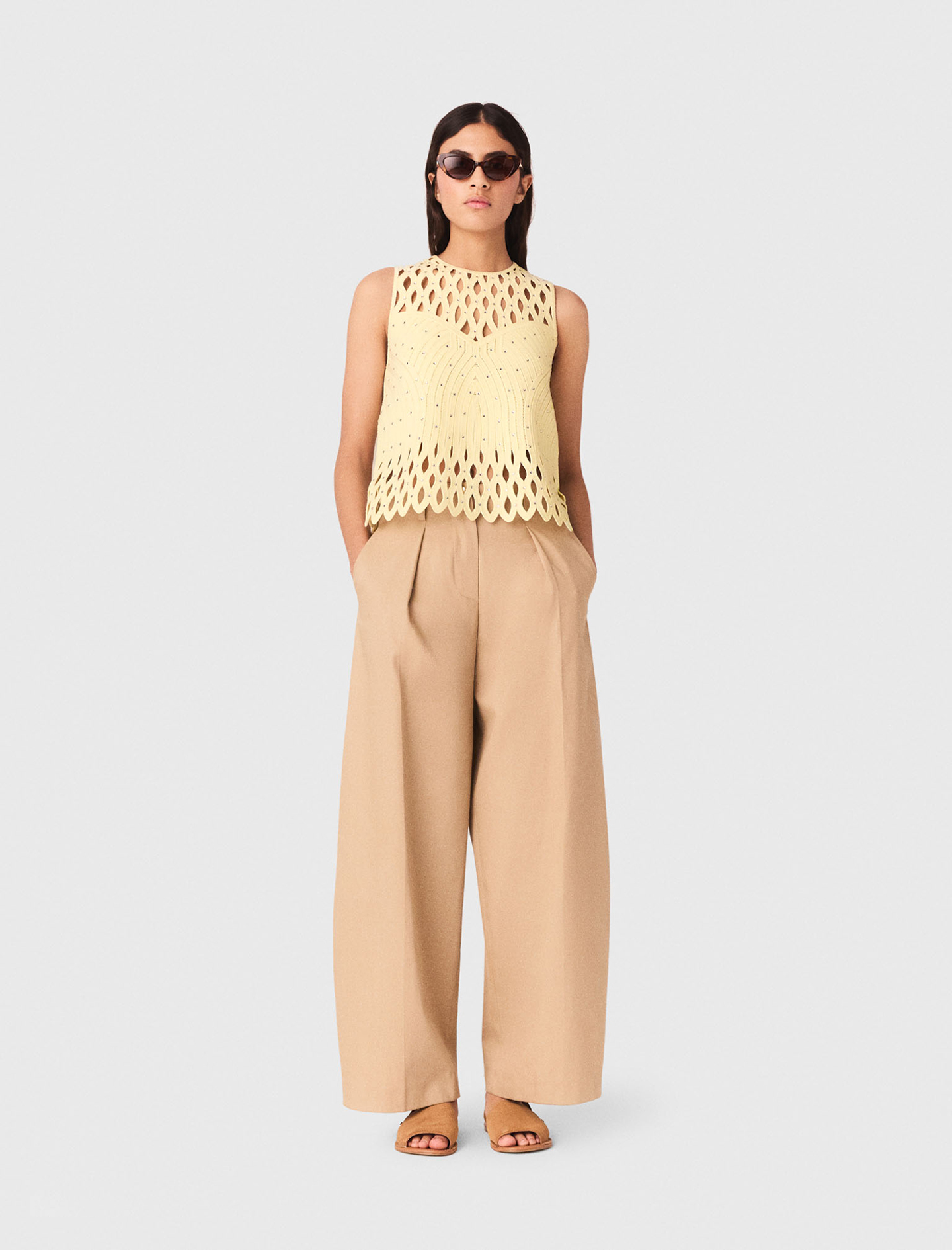 Crochet Rhinestone Top - Yellow - Size 10 - Maje