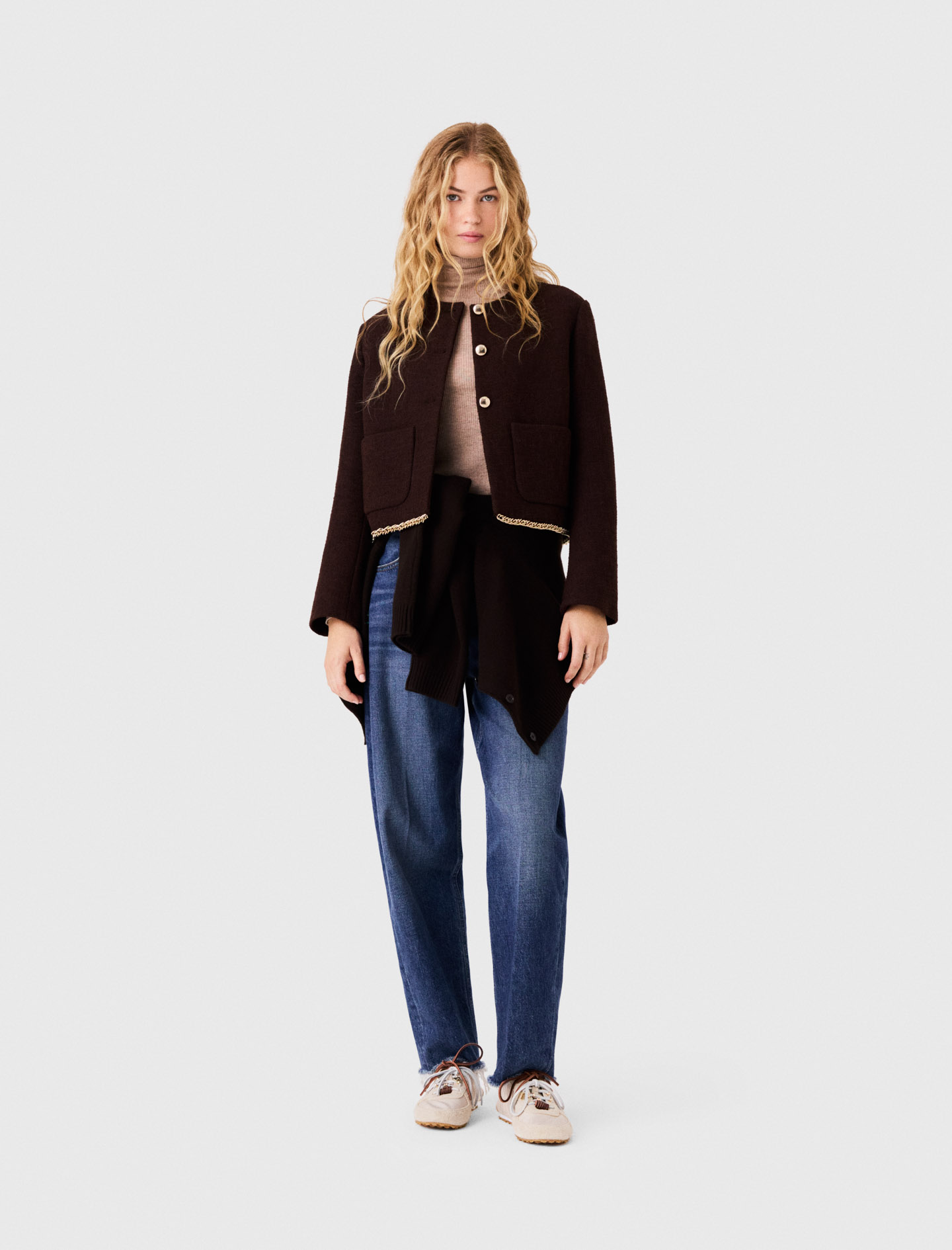 Tweed Jacket With Chain Trim - Dark Brown - Size 12 - Maje