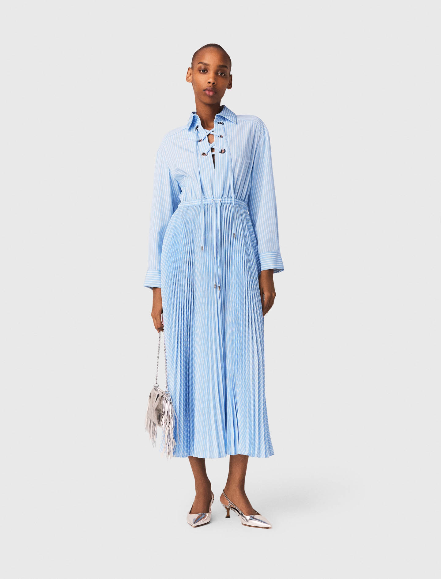 Long Pleated Dress With Eyelets - Blue - Size 6 - Maje
