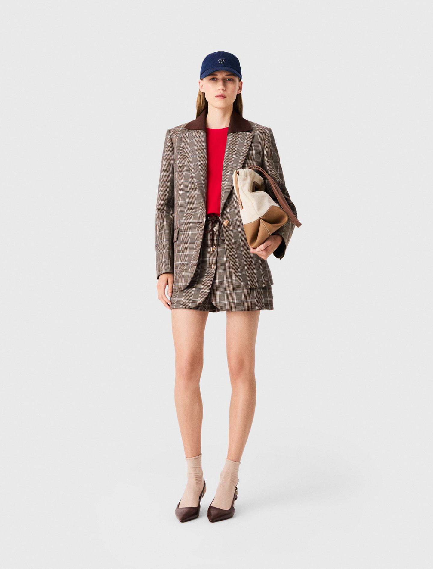 Check Jacket With Removable Collar - Brown - Size 10 - Maje