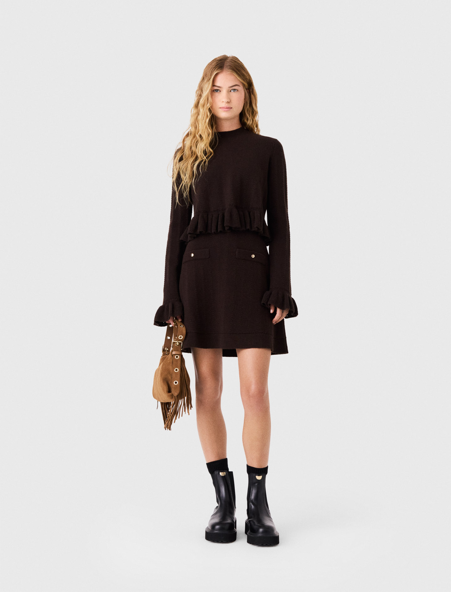 Knit Dress With Removable Jumper - Dark Brown - Size 10 - Maje