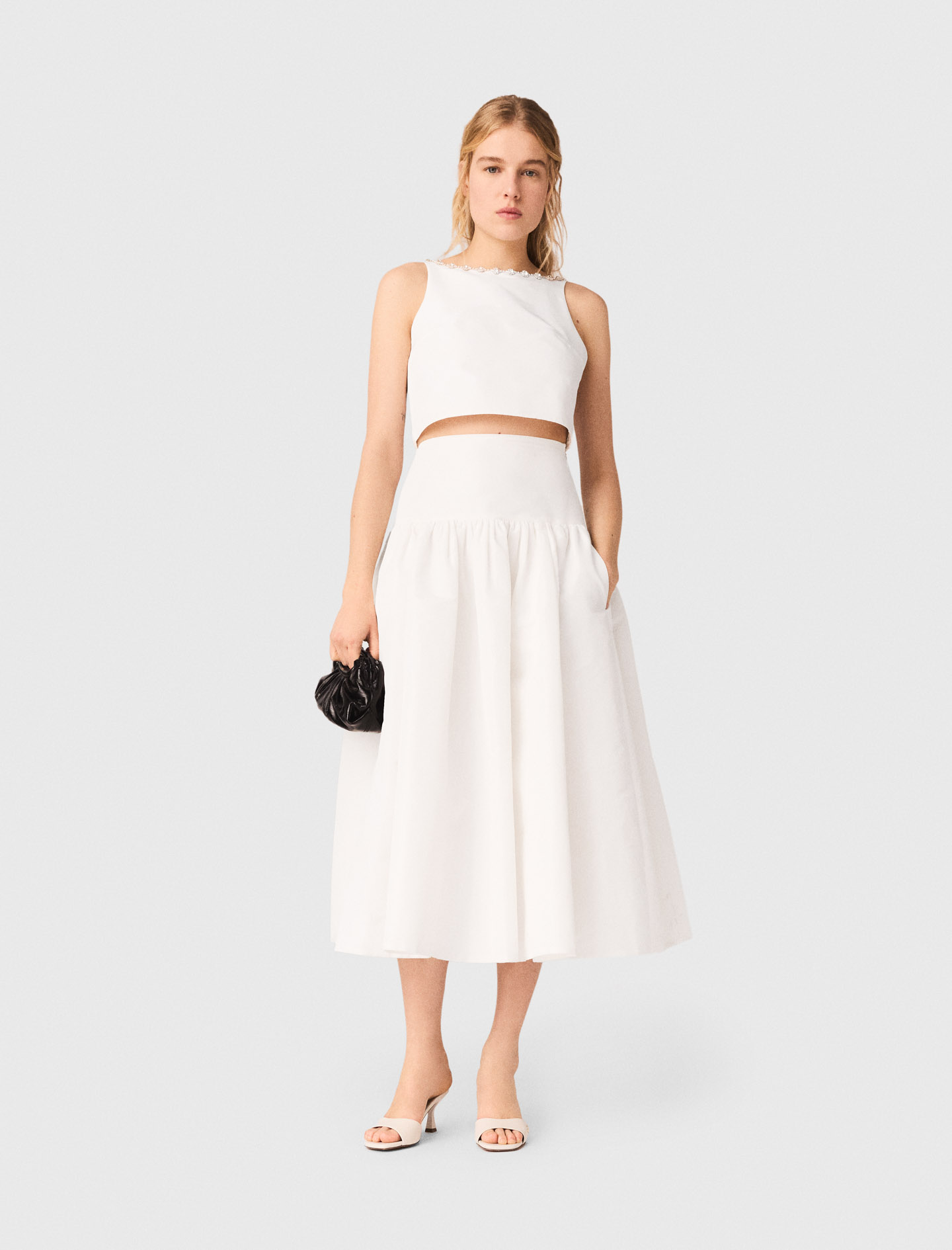 Jewelled Collar Taffeta Crop Top - White - Size 14 - Maje