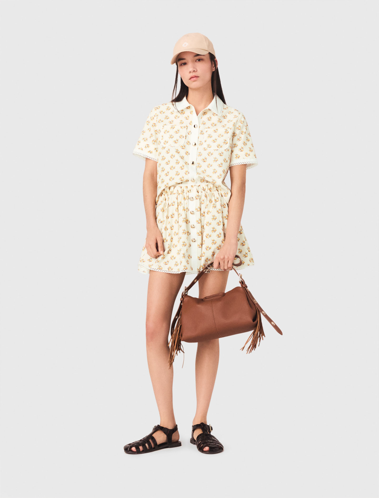 Patterned Shirt With Croquet Trim - Yellow Small Flowers Print - Size 12 - Maje