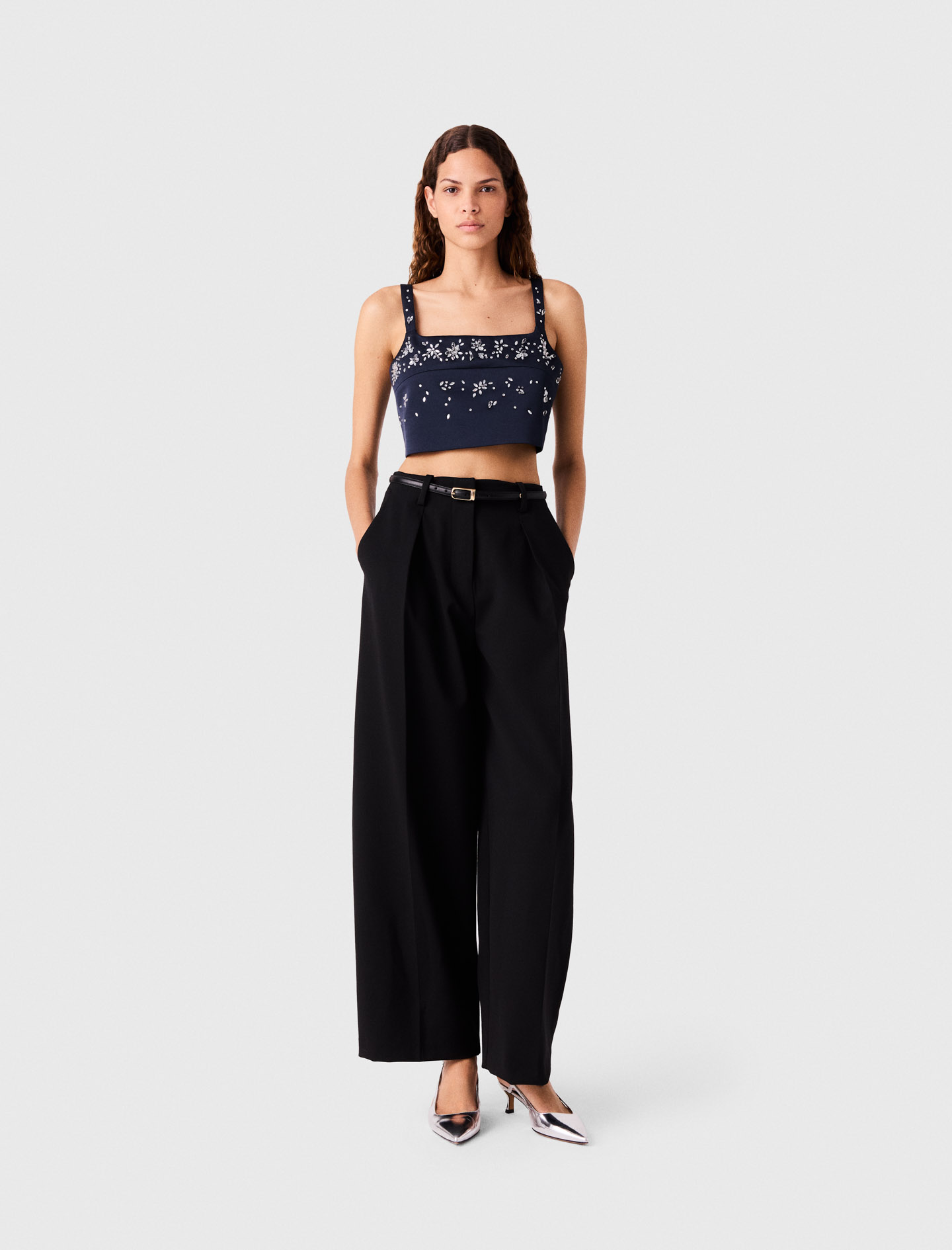 Embroidered Satin Top - Navy - Size 8 - Maje