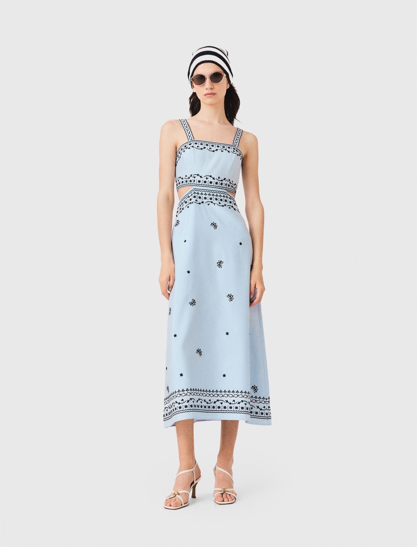 Embroidered Linen Blend Maxi Dress - Blue - Size 6 - Maje