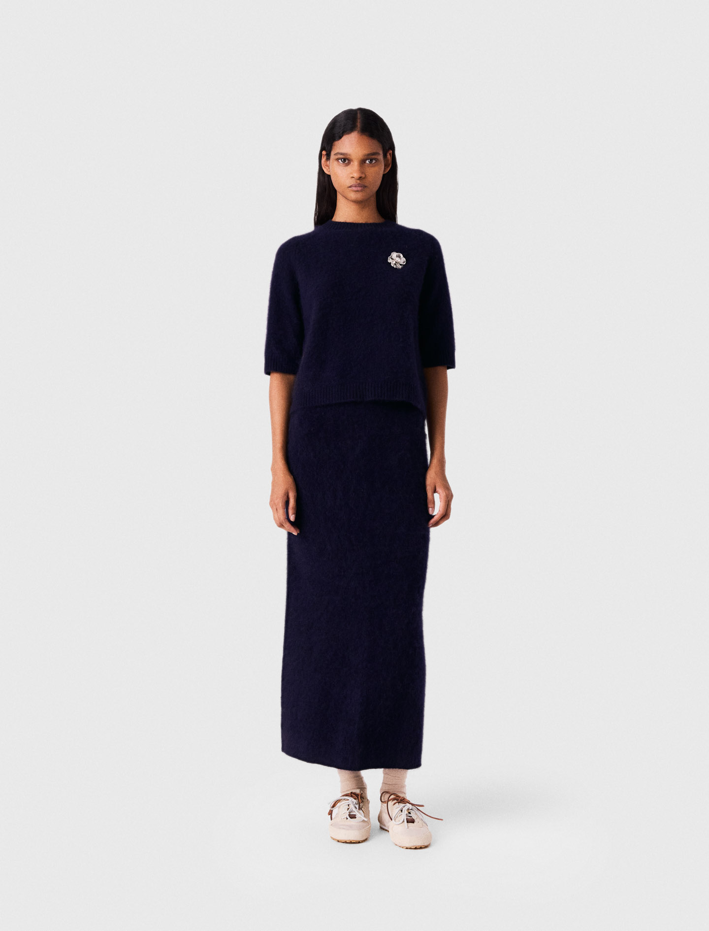Jumper With Floral Brooch - Navy - Size 6 - Maje