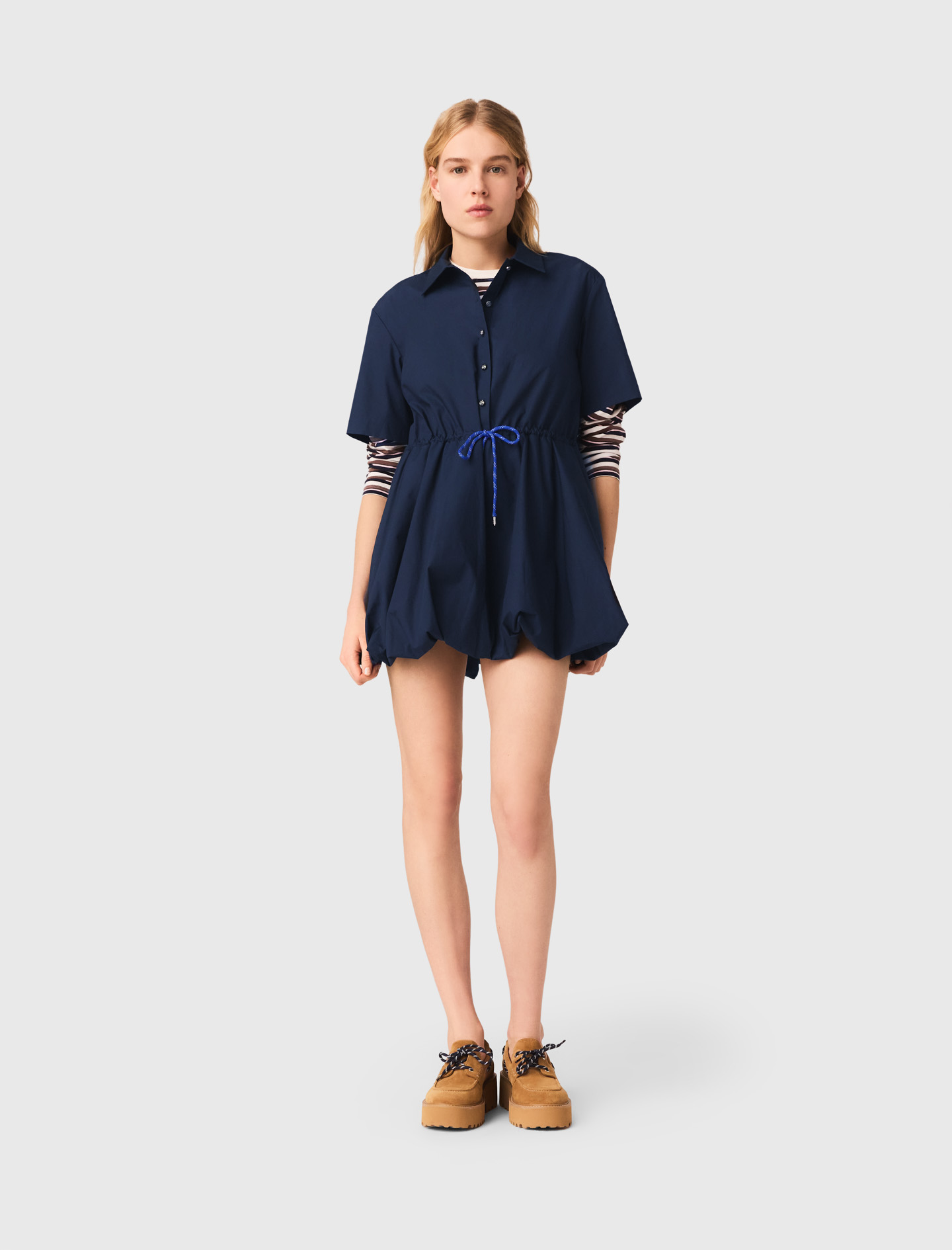 Short-sleeved Cotton Bubble Dress - Navy - Size 6 - Maje