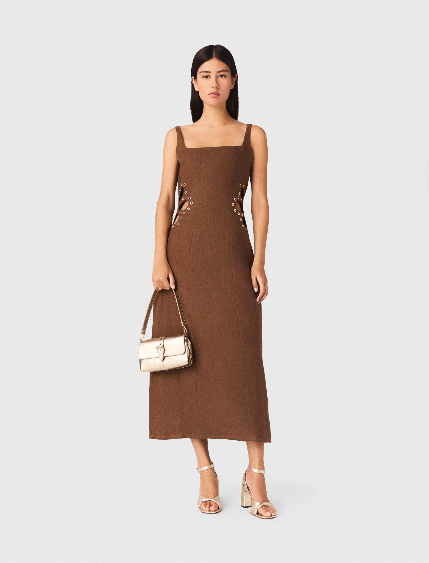 Linen Blend Maxi Dress - Brown - Size 12 - Maje