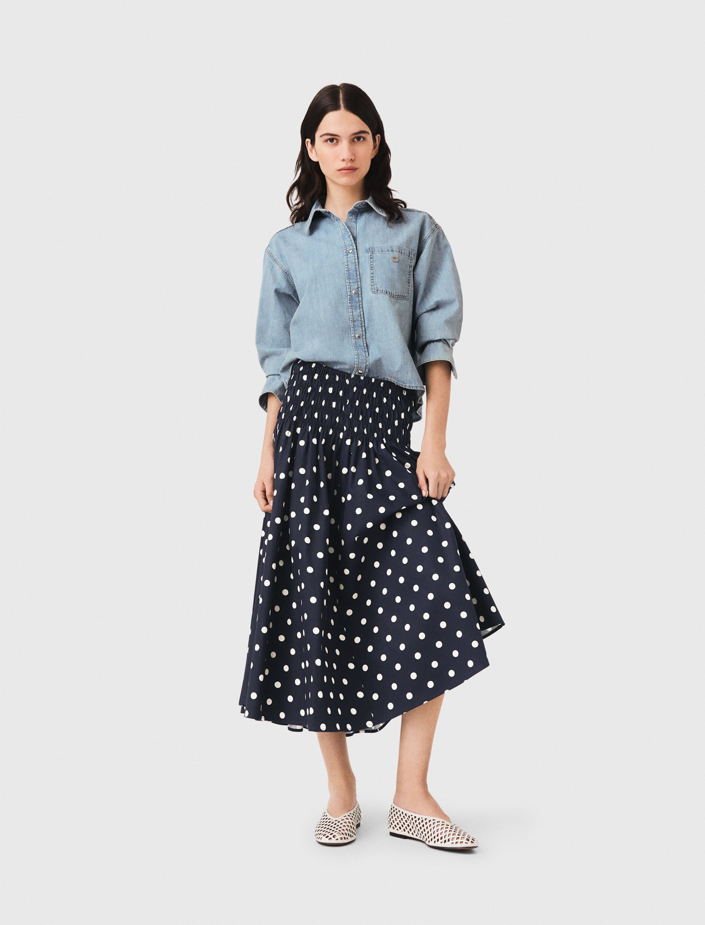 Long Cotton Skirt - Navy Dots Print - Size 14 - Maje