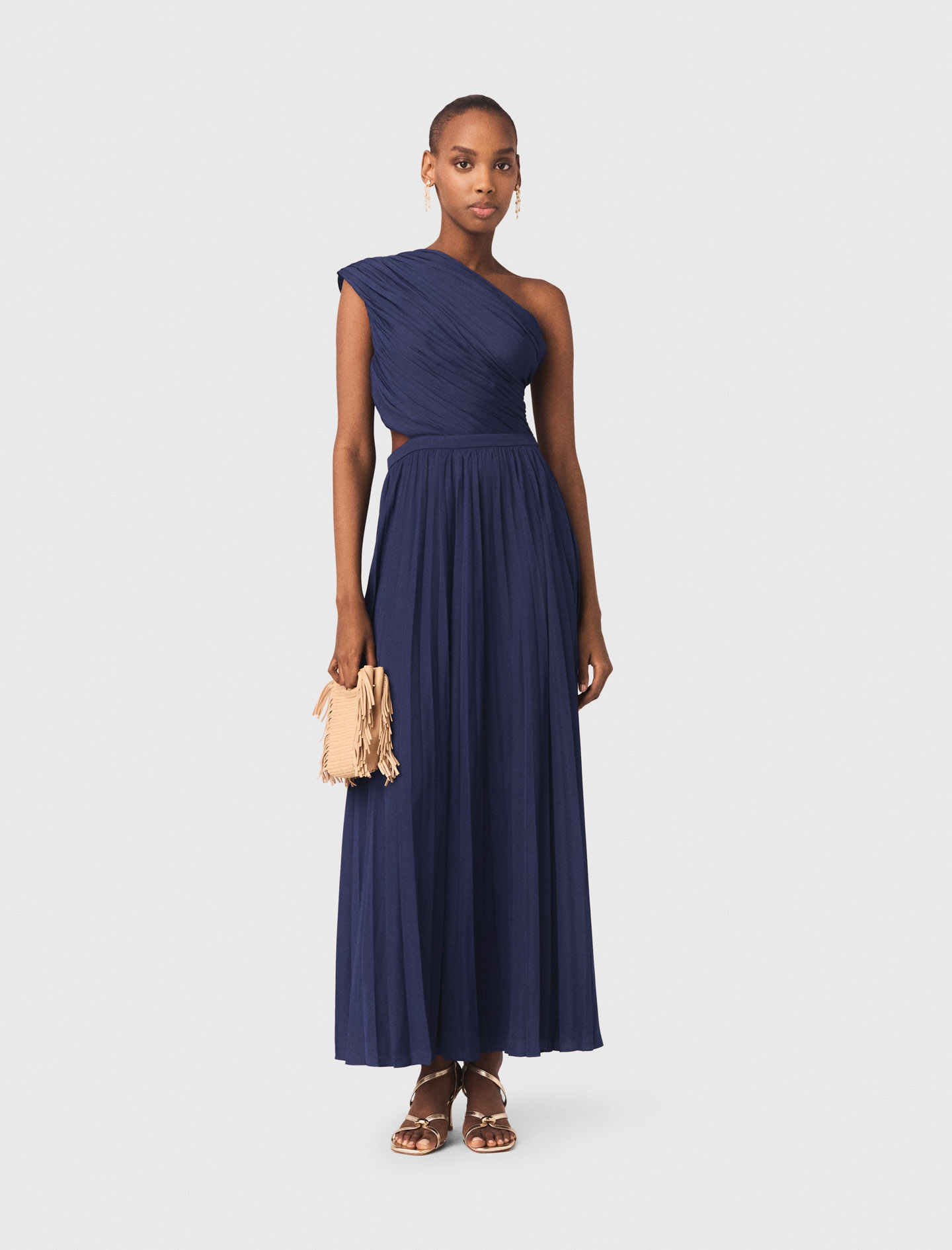 Asymmetrical Pleated Maxi Dress - Navy - Size 10 - Maje