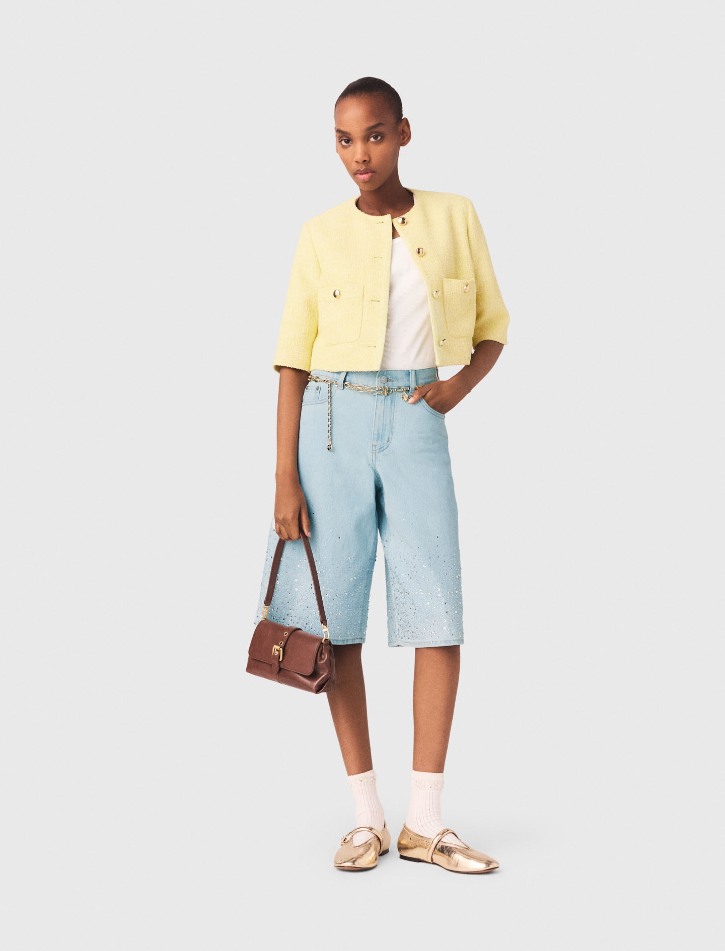 Short-sleeved Tweed Jacket - Yellow - Size 10 - Maje