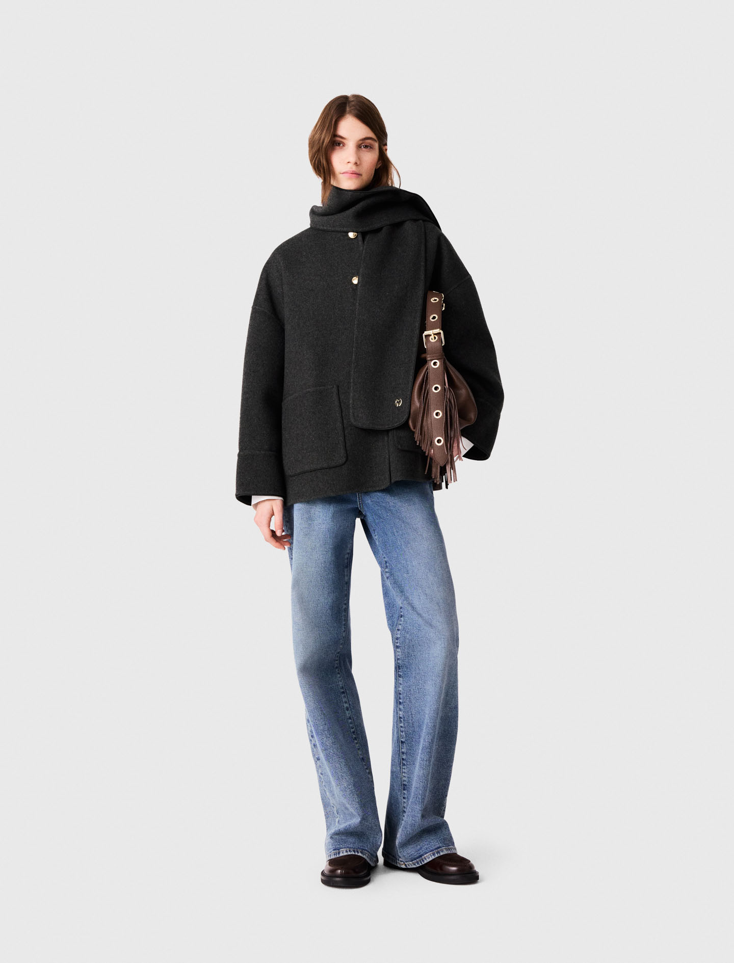Coat With Removable Scarf - Grey - Size 6 - Maje