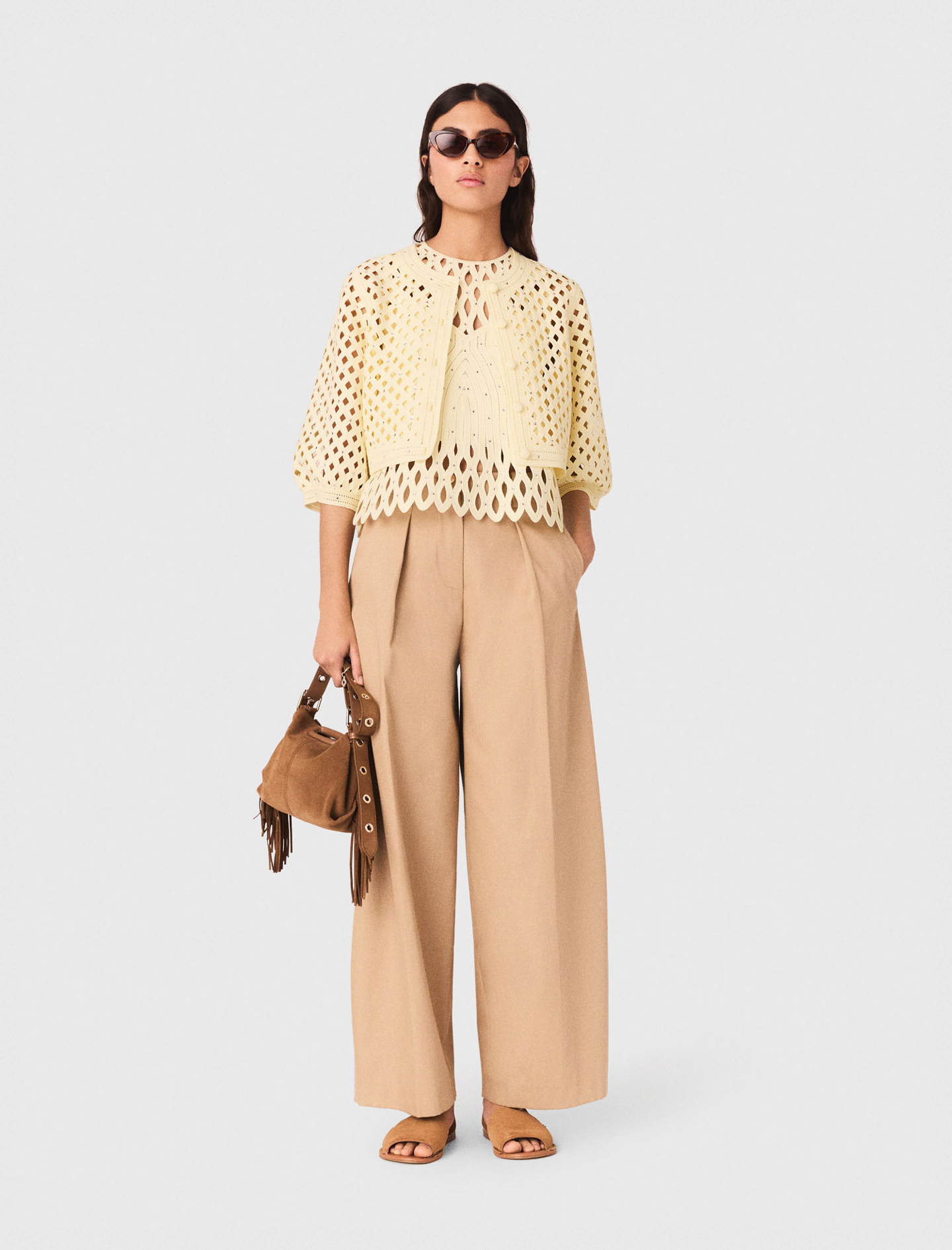 Rhinestone Crochet Cardigan - Yellow - Size 14 - Maje