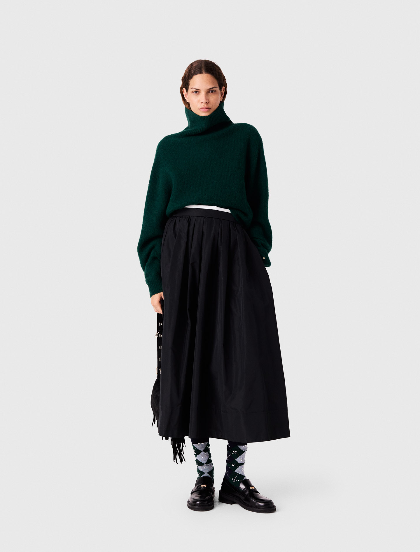 Long Skirt With Contrast Waistband - Black - Size 14 - Maje