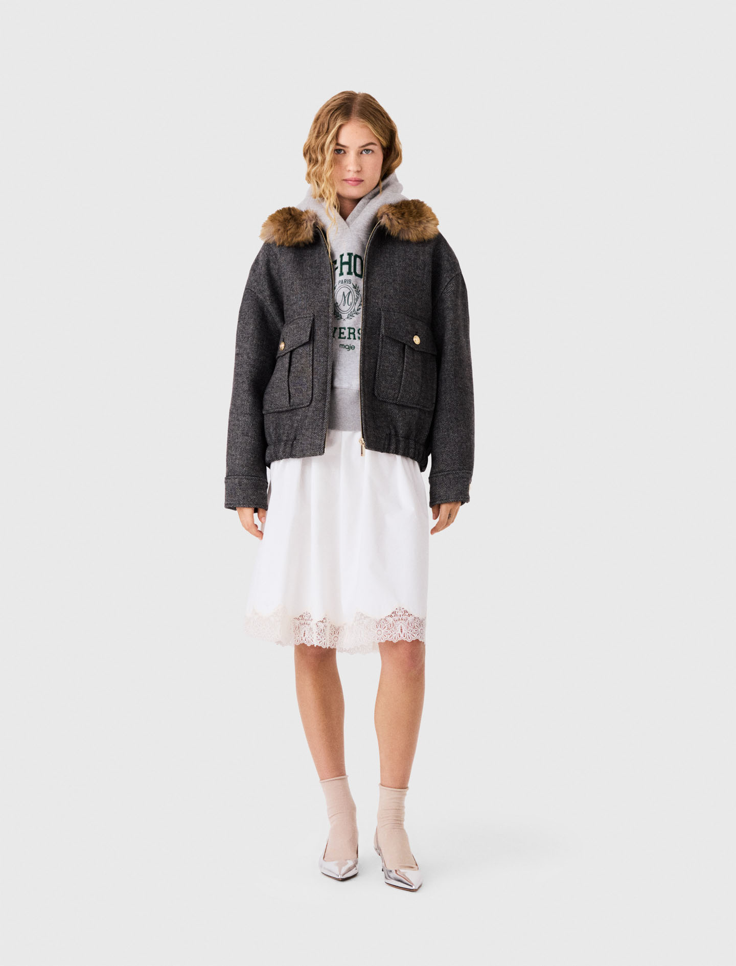Oversized Herringbone Jacket - Grey - Size 14 - Maje