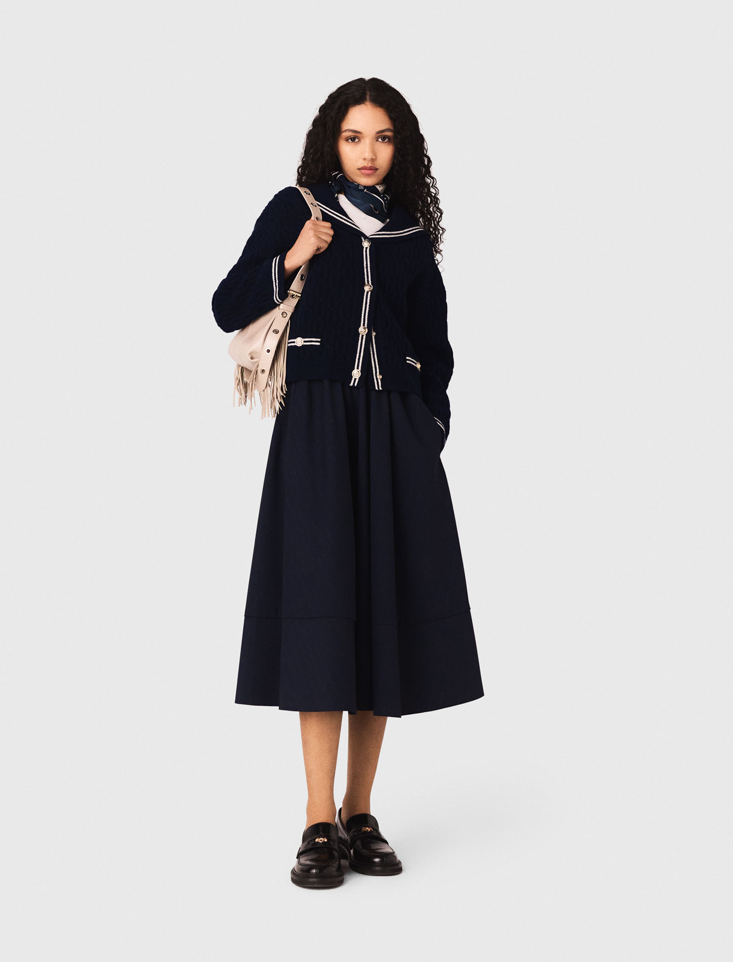 Striped Tailored Midi Skirt - Navy - Size 12 - Maje