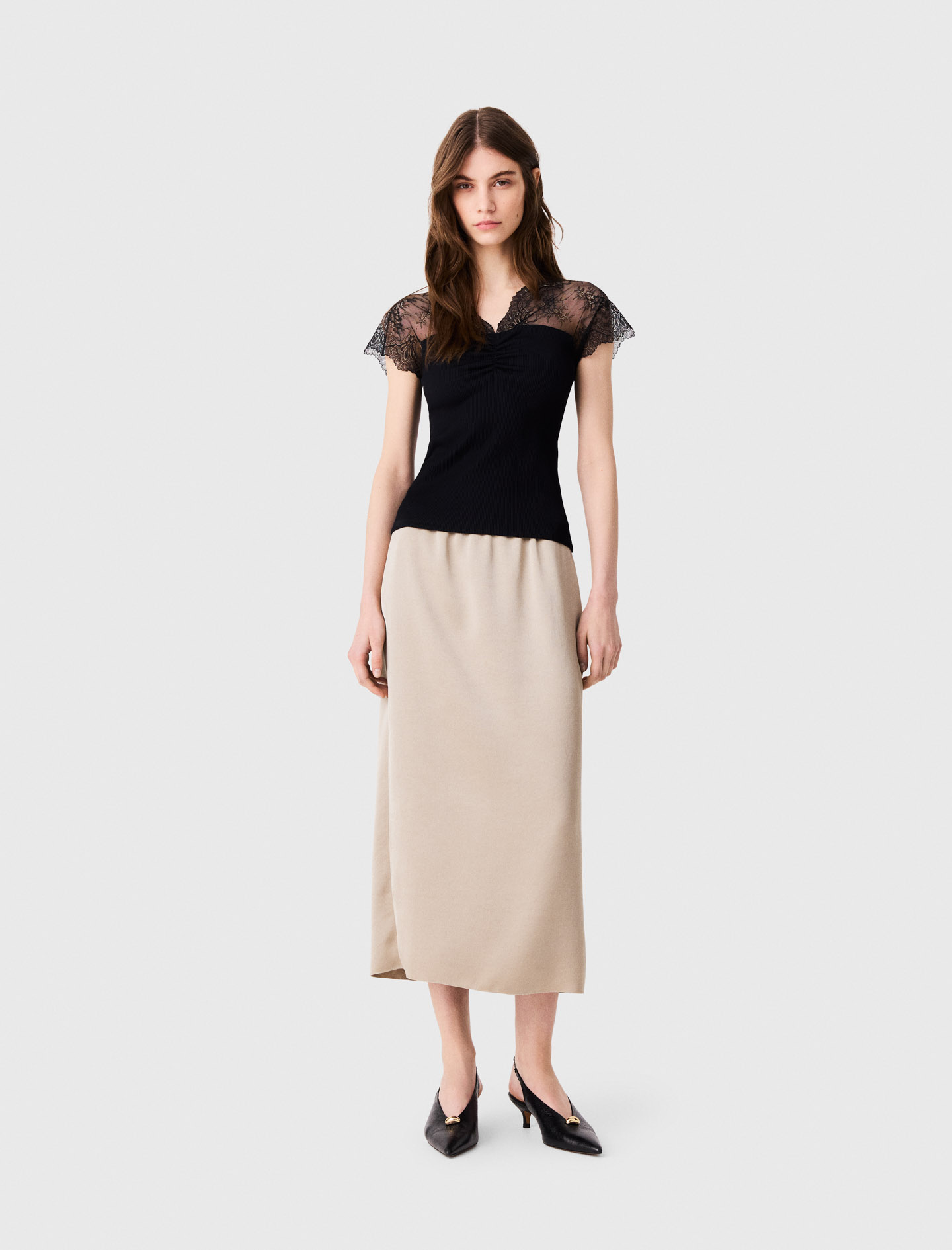 Jersey Top With Lace Trim - Black - Size 8 - Maje
