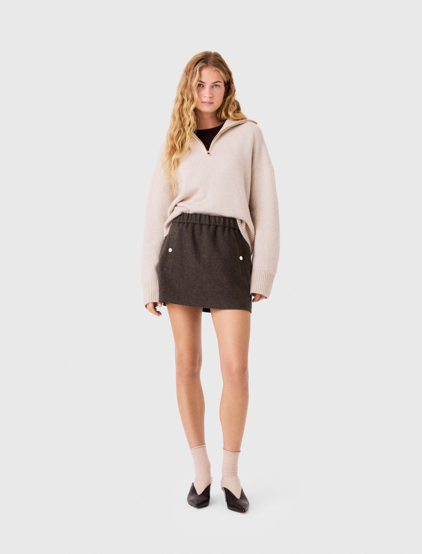 Short Wool Skirt - Dark Brown - Size 12 - Maje