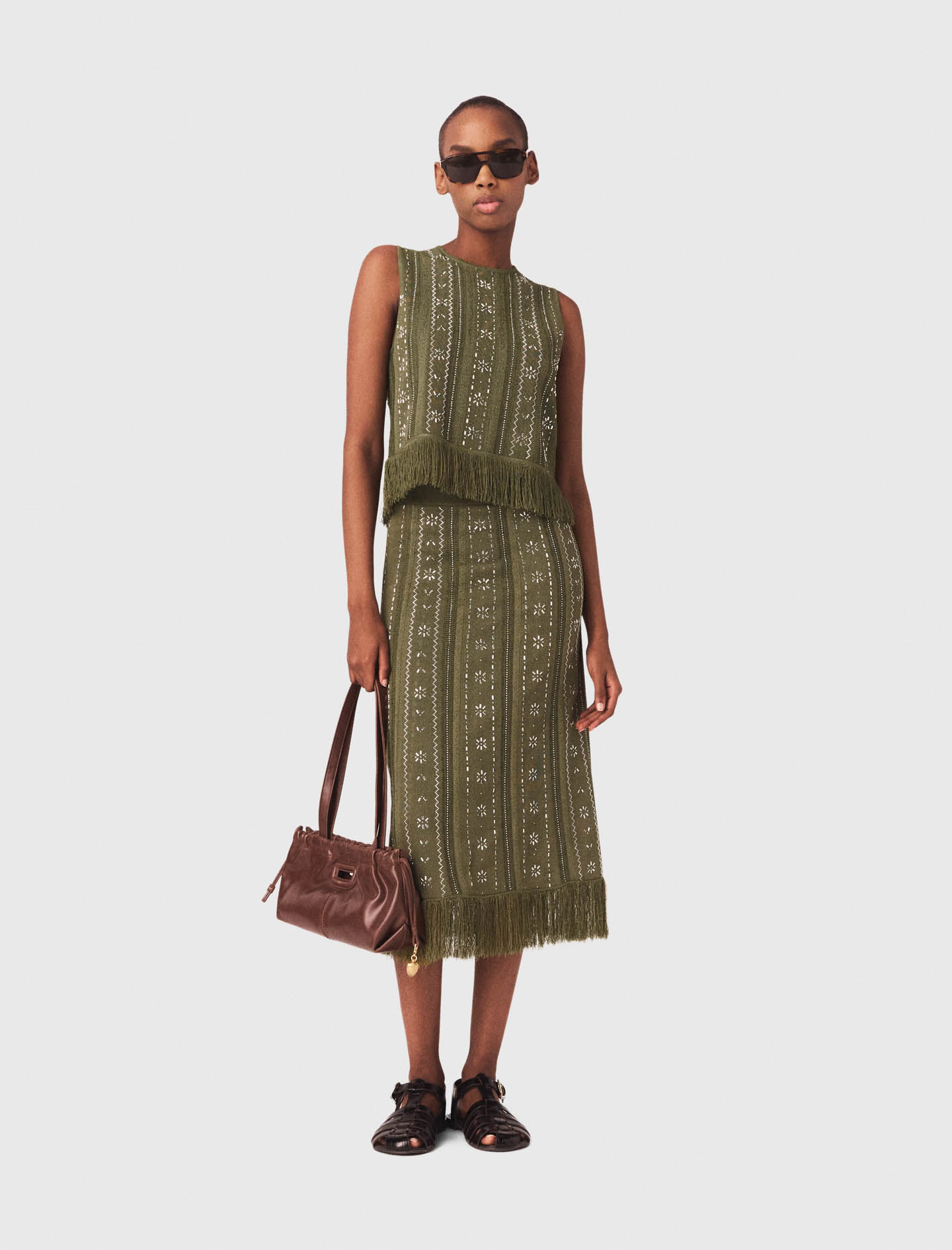 Knit Skirt With Rhinestone Flowers - Khaki - Size 6 - Maje