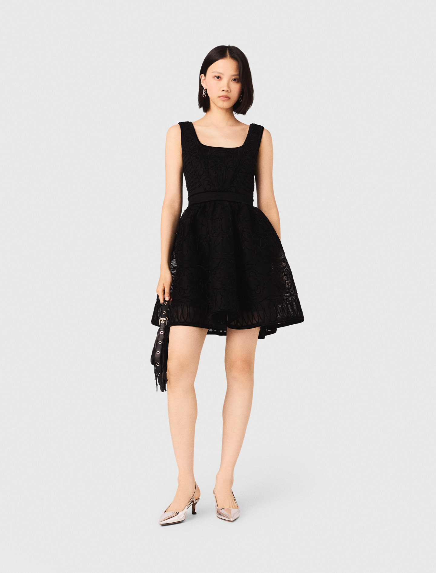 Short Embroidered Basket Knit Dress - Black - Size 10 - Maje