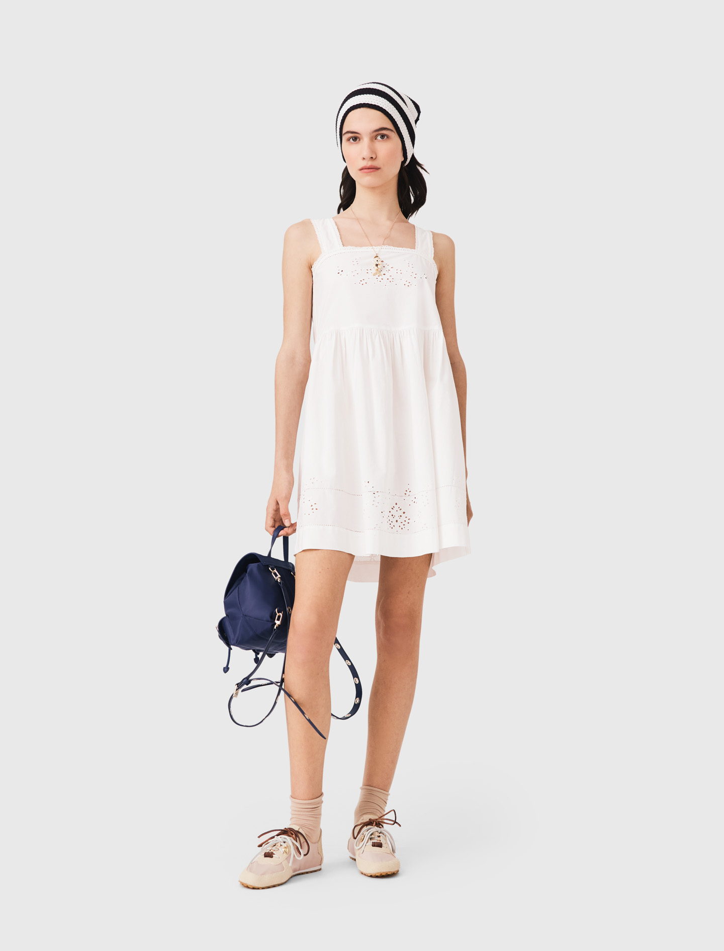 Short Dress With Lace Trim - White - Size 12 - Maje