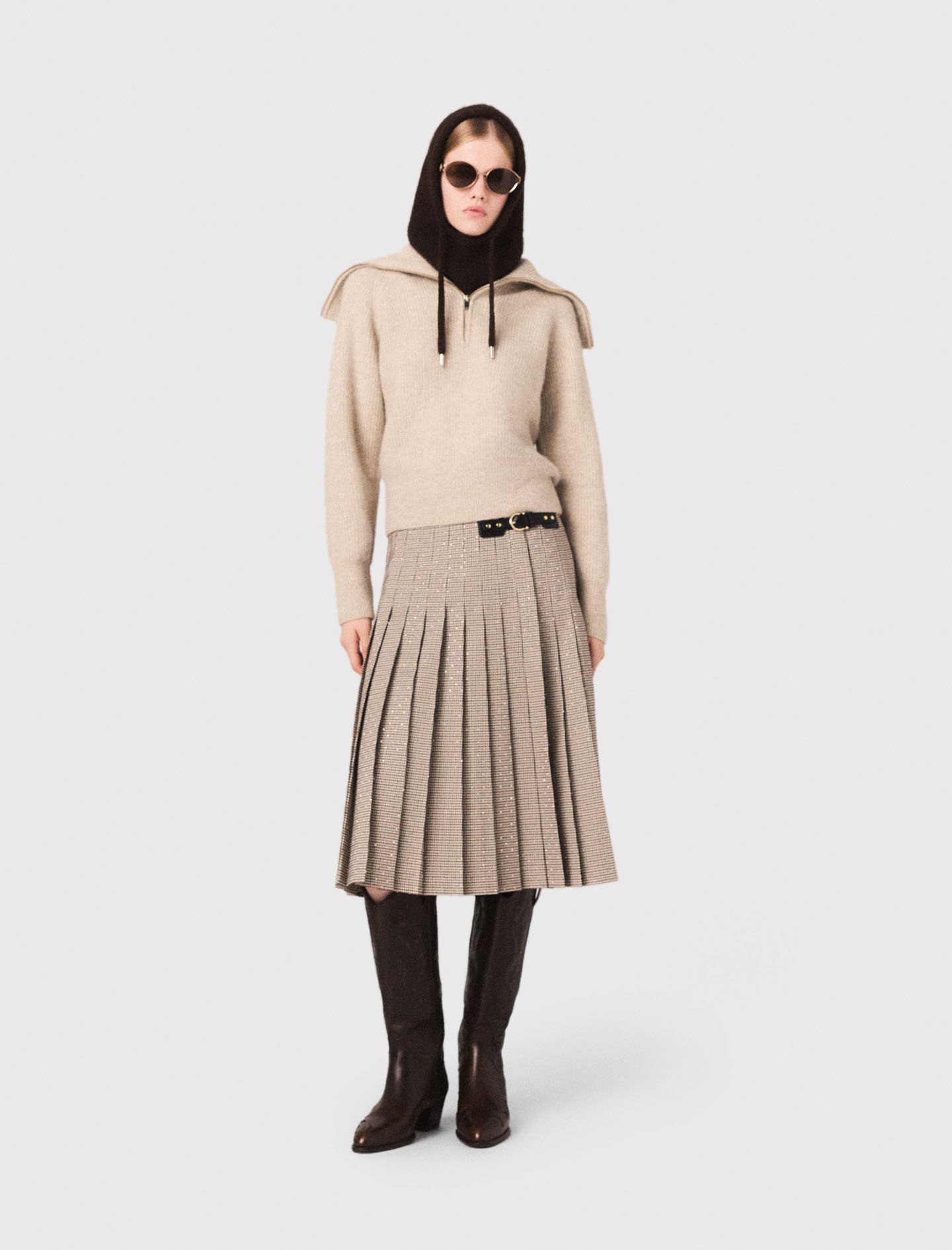 Maje Rhinestone Sweater With Half-zip Collar In Brown