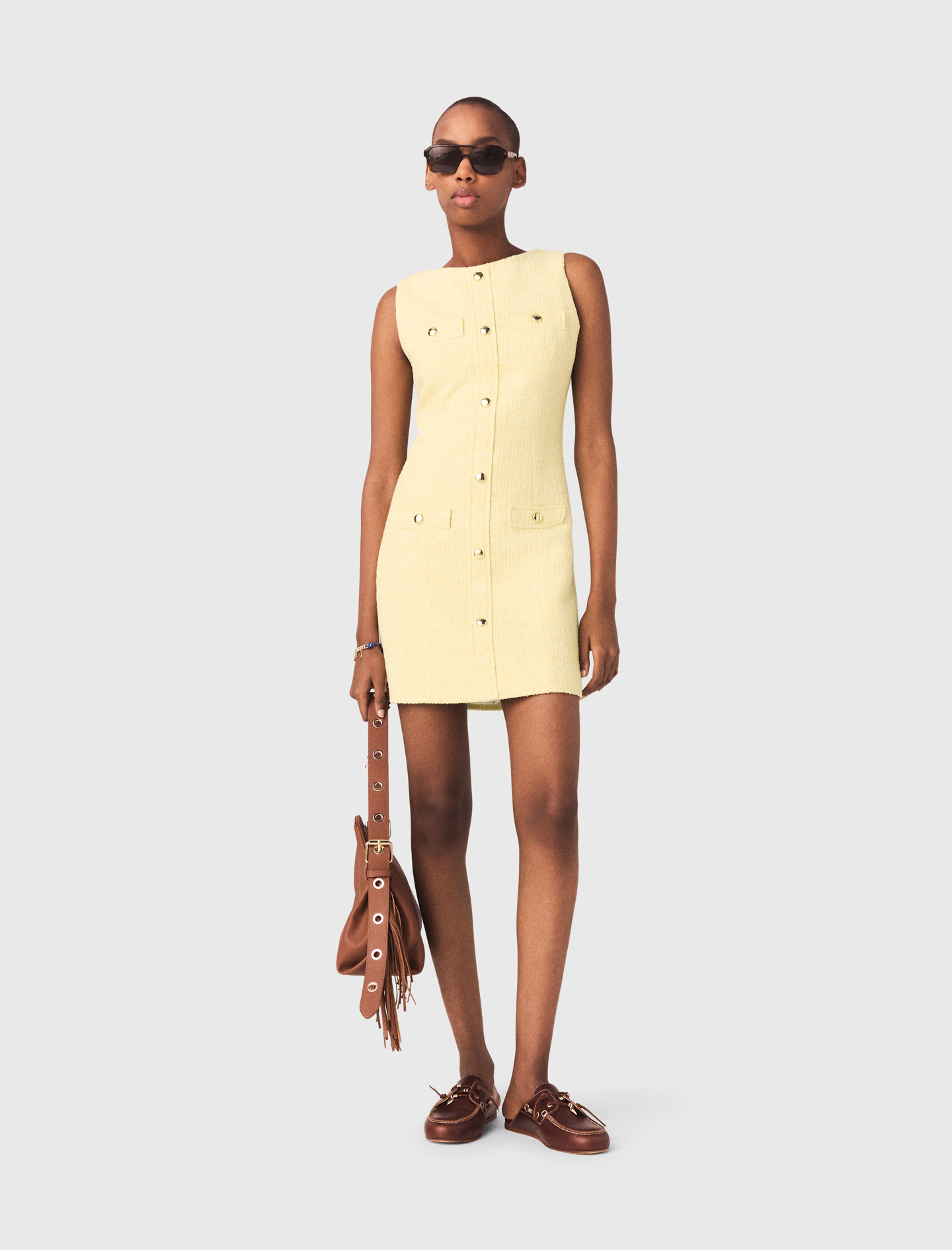 Short Tweed Dress - Yellow - Size 6 - Maje