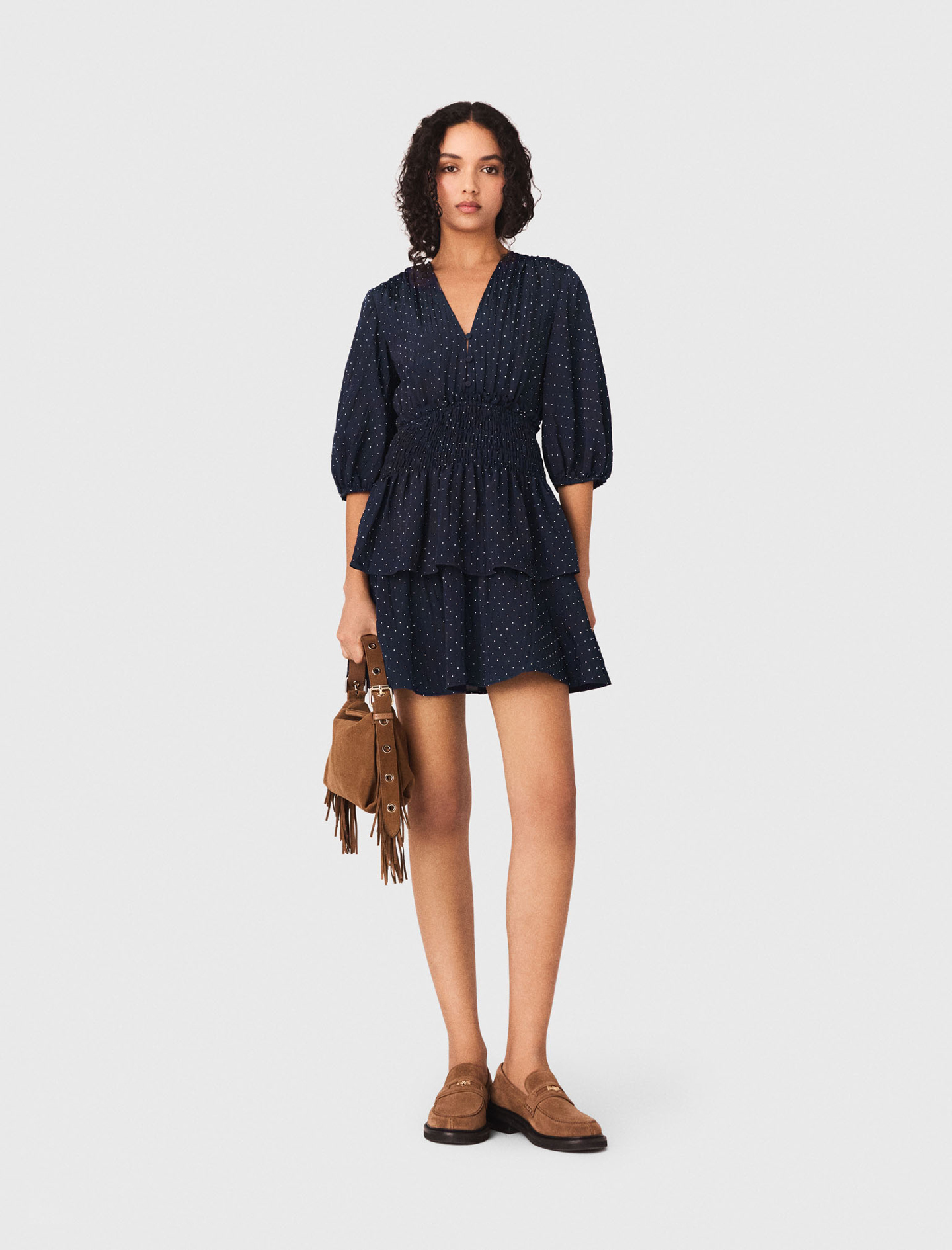 Ruffle And Rhinestone Dress - Navy - Size 12 - Maje