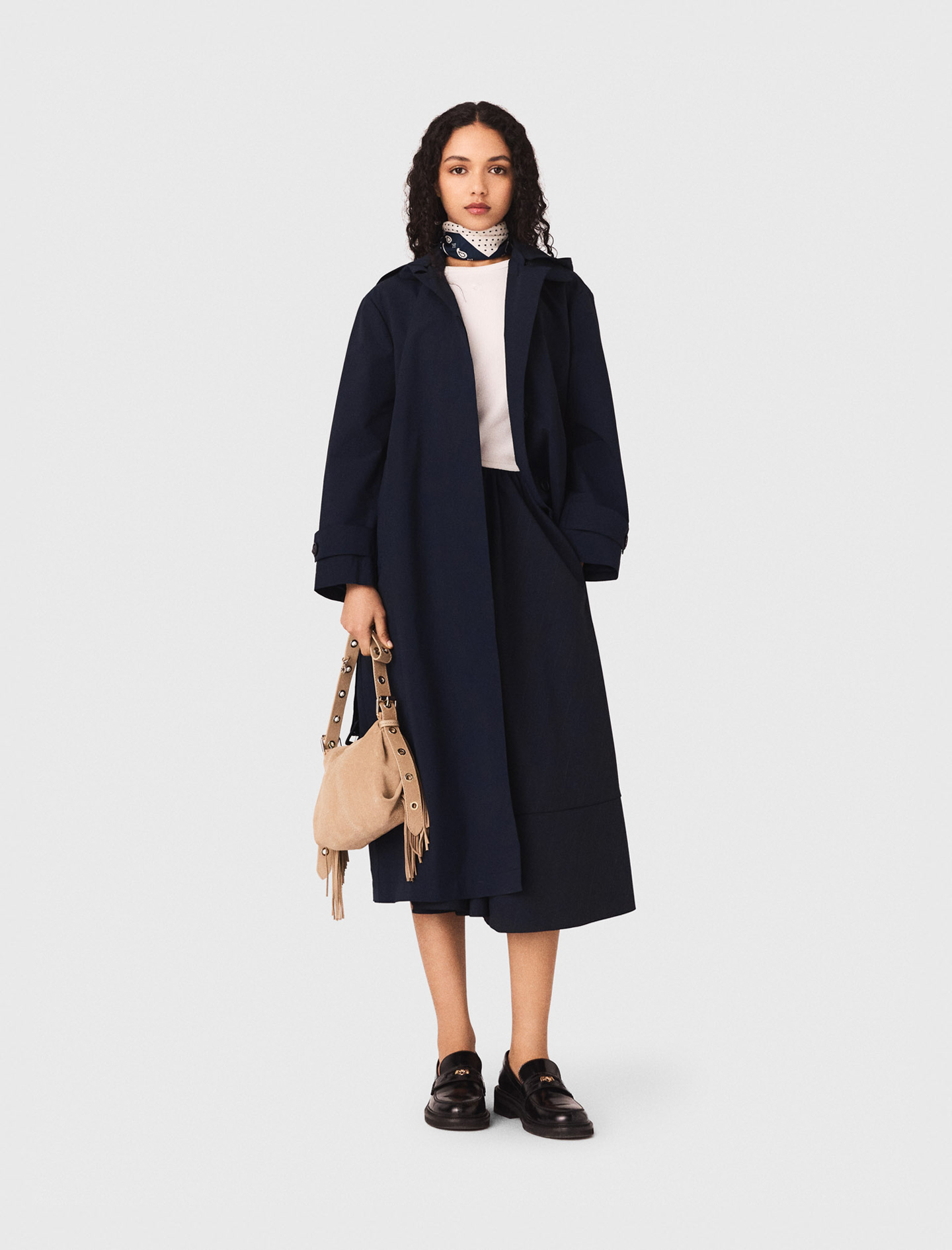 Removable Rhinestone-hood Trench - Navy - Size 8 - Maje