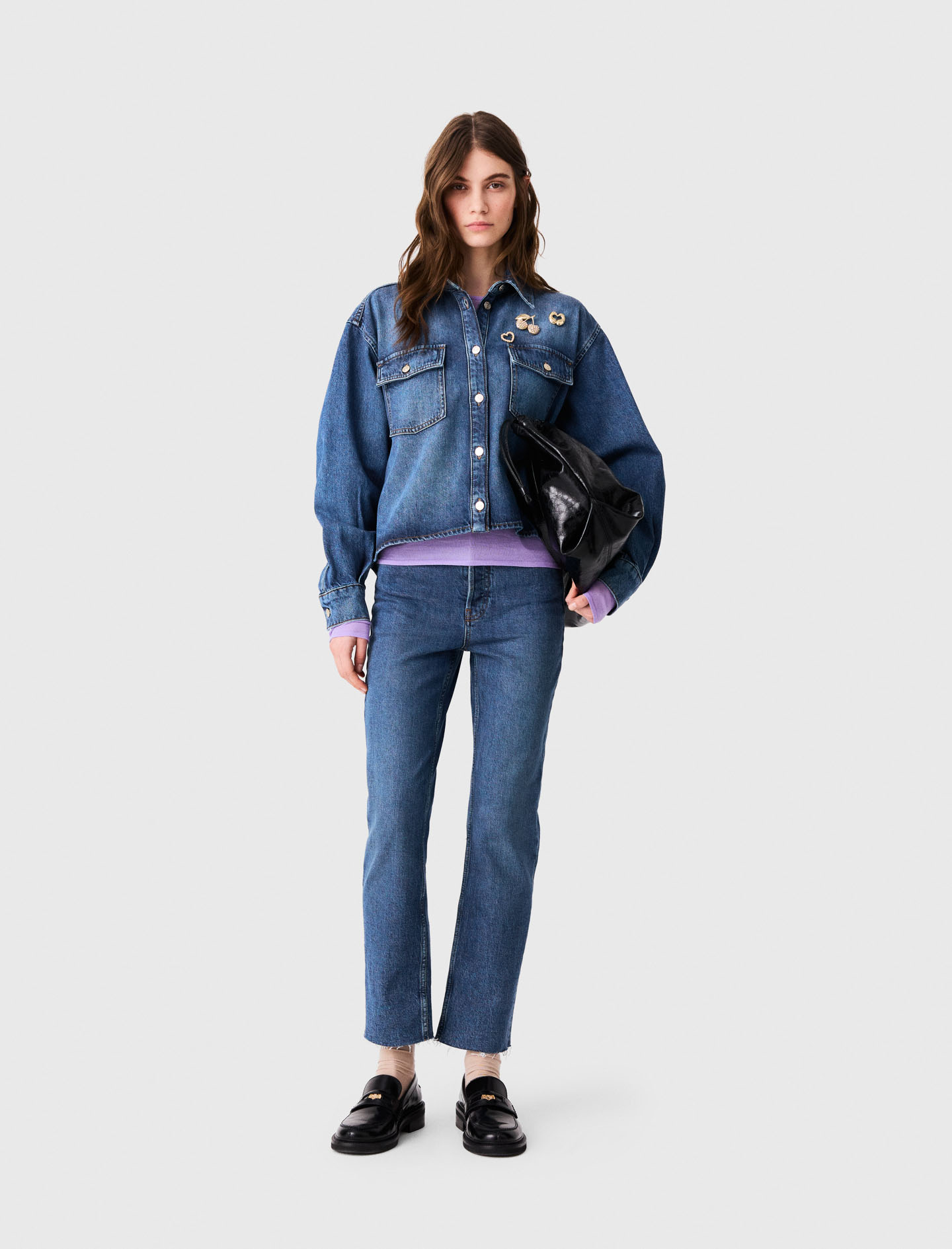 Denim Shirt With Brooches - Blue - Size 6 - Maje