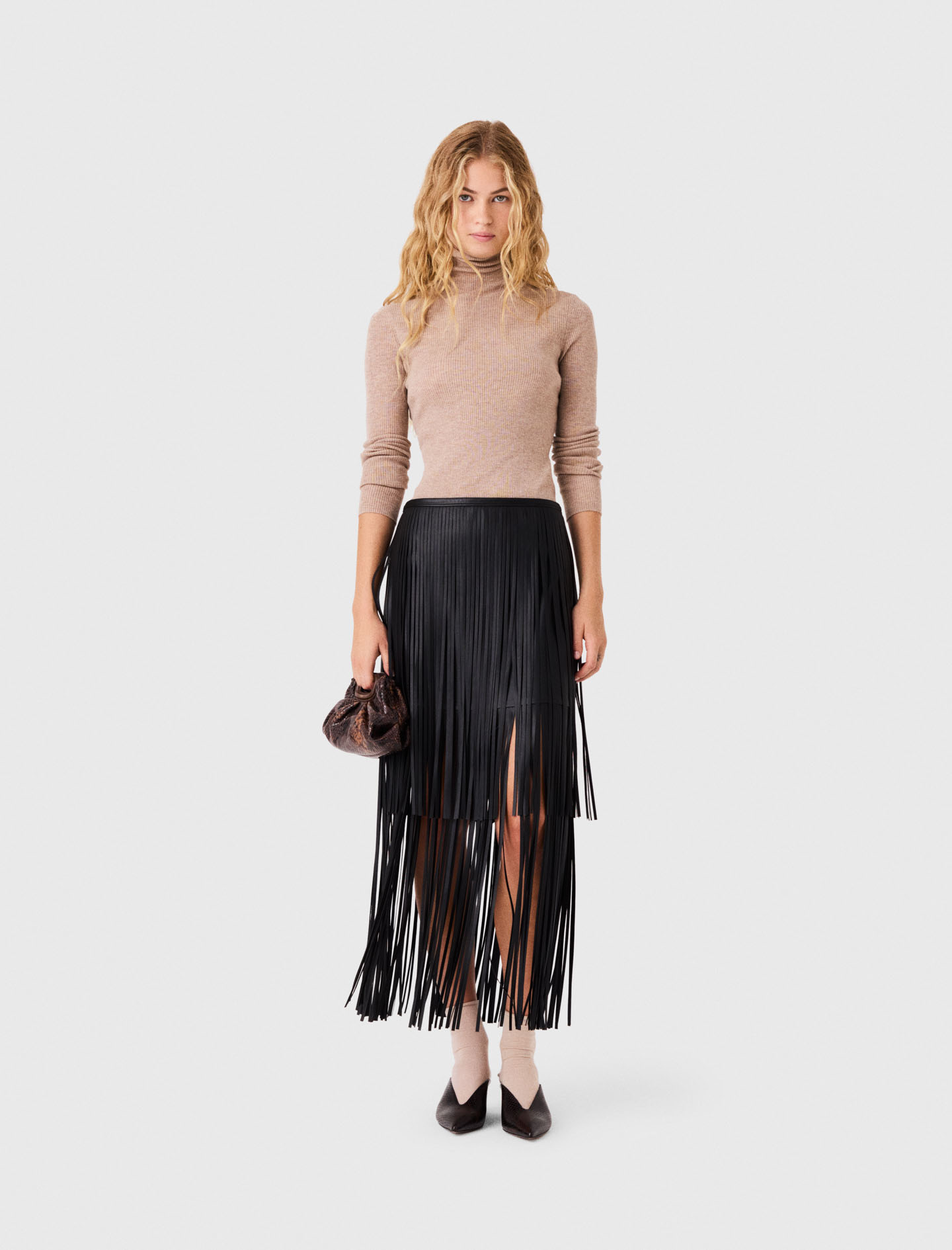 Fringed Faux Leather Skirt - Black - Size 12 - Maje
