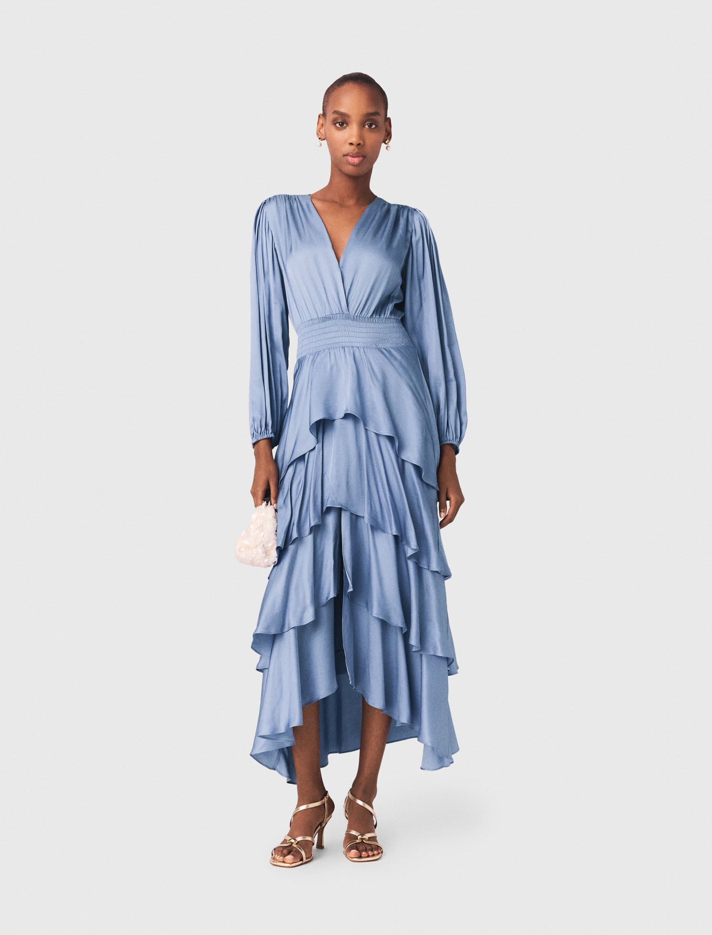 Ruffled Maxi Dress - Blue / Grey - Size 10 - Maje