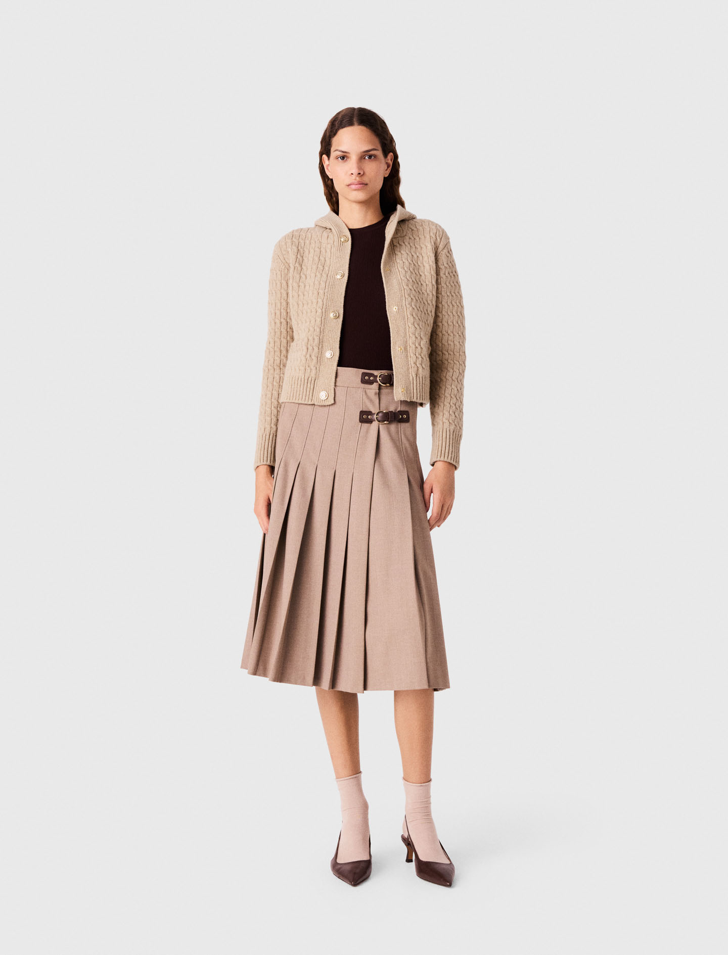 Pleated Midi Skirt With Buckles - Beige - Size 8 - Maje
