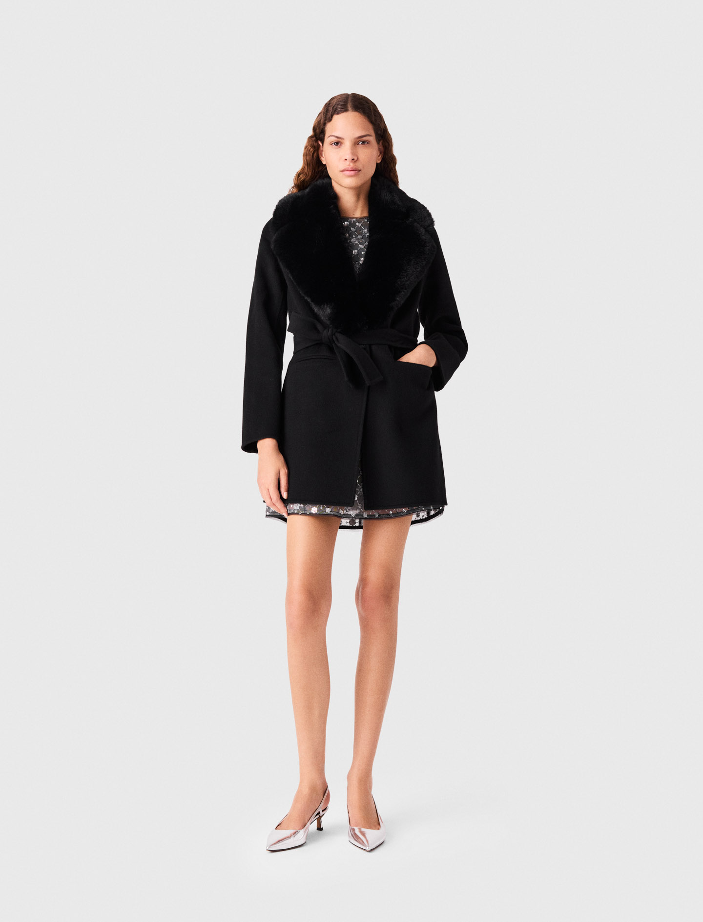 Long Coat With Faux Fur Collar - Black - Size 12 - Maje