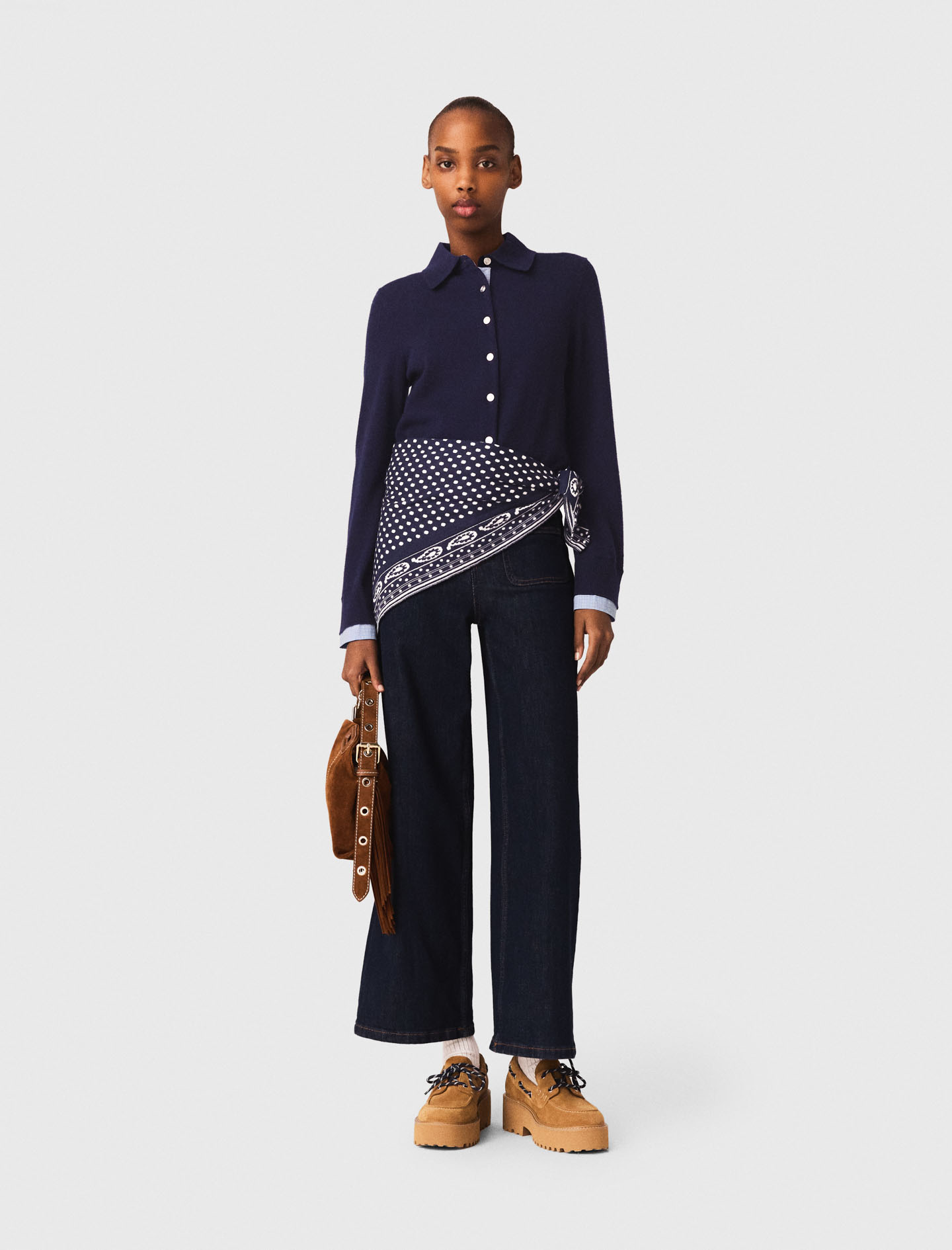 Polo Cardigan With Removable Trims - Navy - Size 10 - Maje