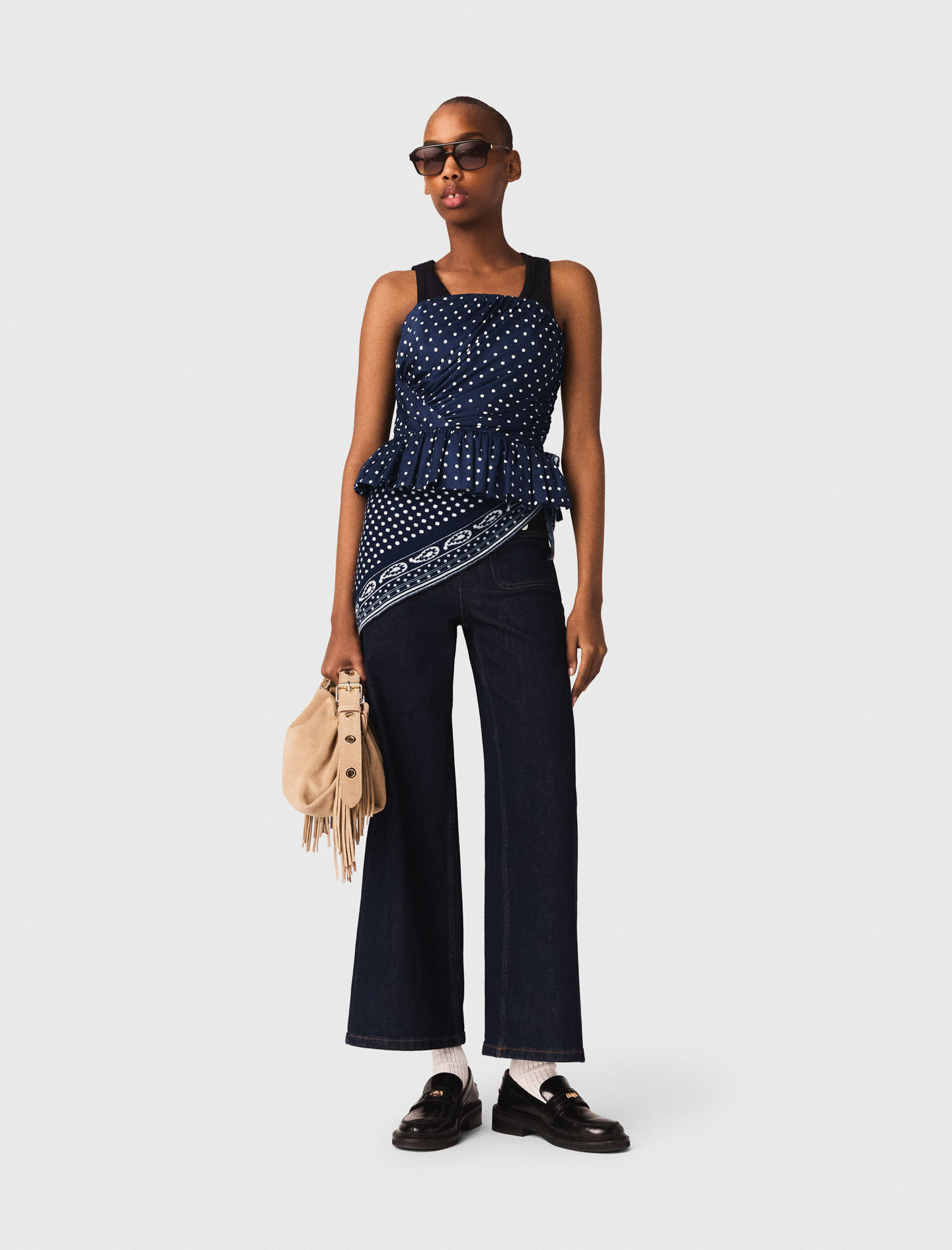 Patterned Bustier Top - Navy Dot Bandana Print - Size 6 - Maje