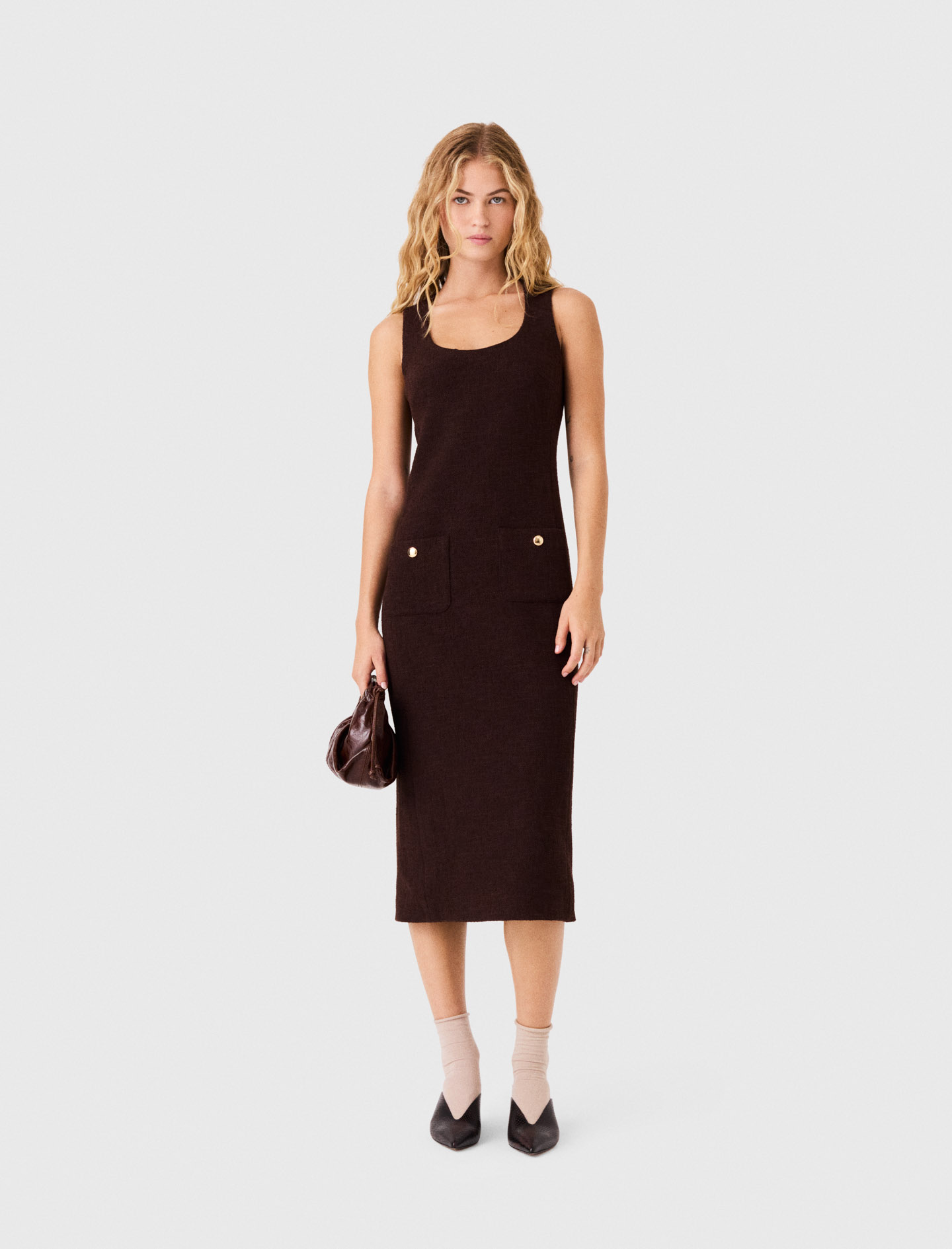 Midi Tweed Dress - Dark Brown - Size 14 - Maje