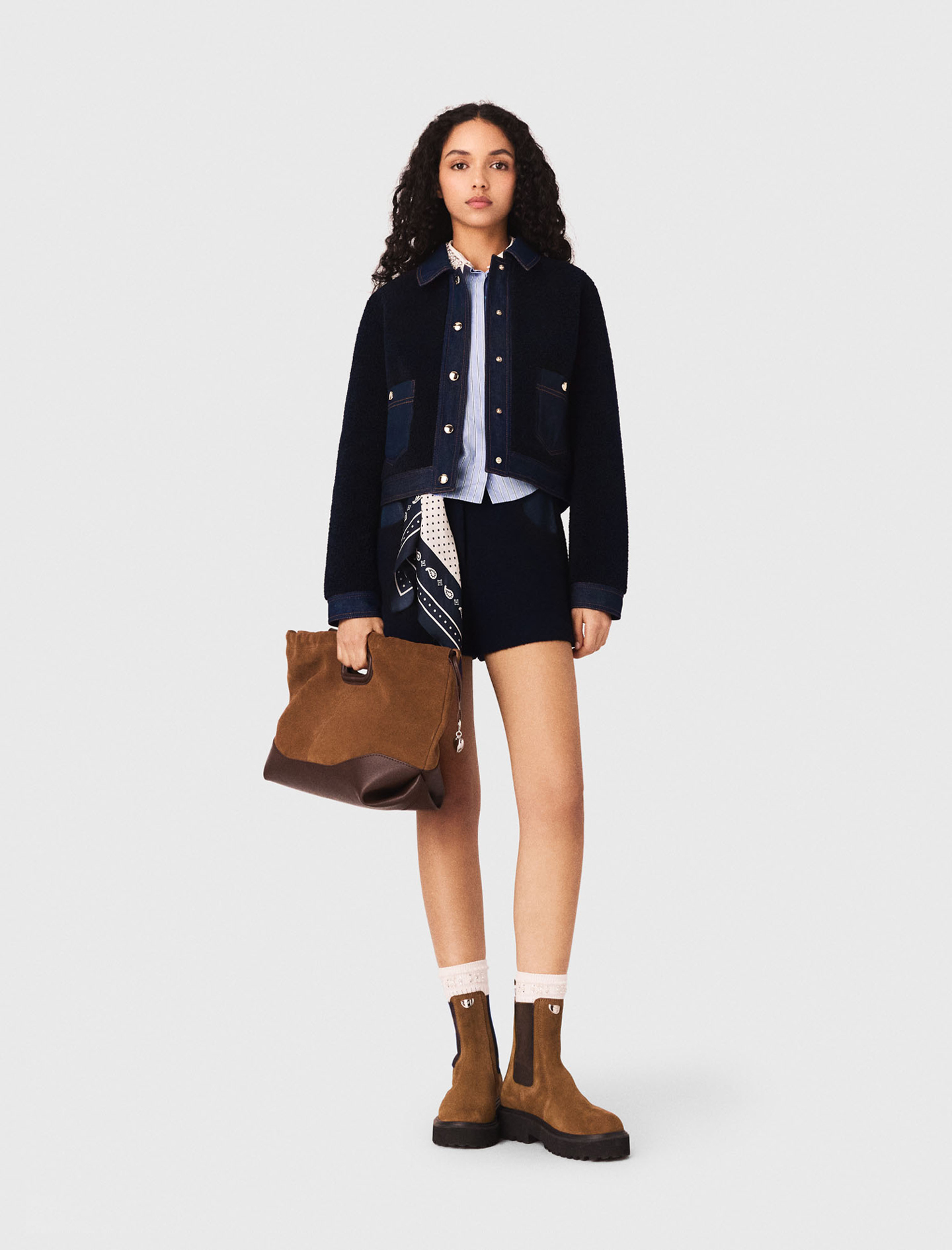 Bouclé And Denim-detail Jacket - Navy - Size 12 - Maje