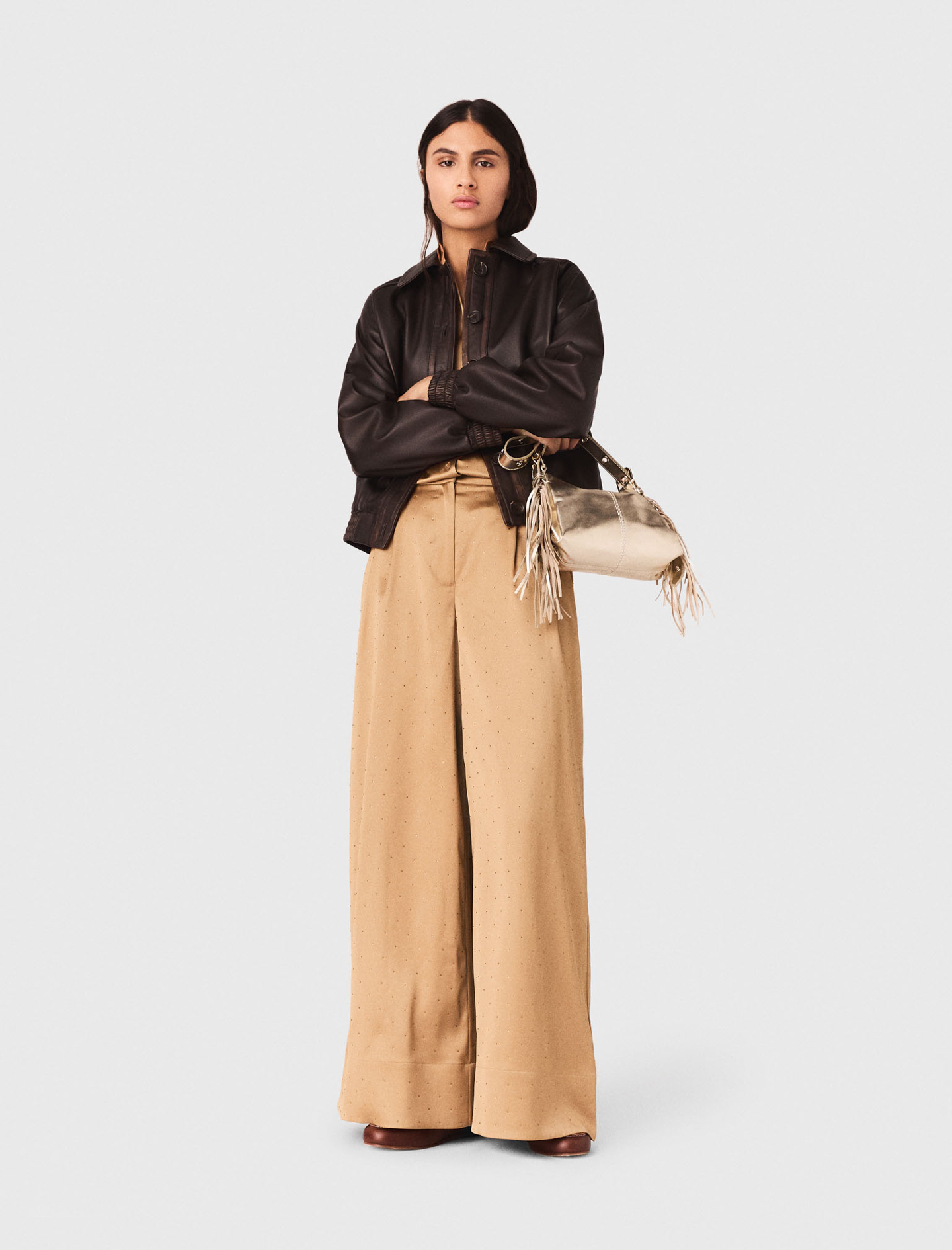 Rhinestone Satin Trousers - Brown - Size 14 - Maje