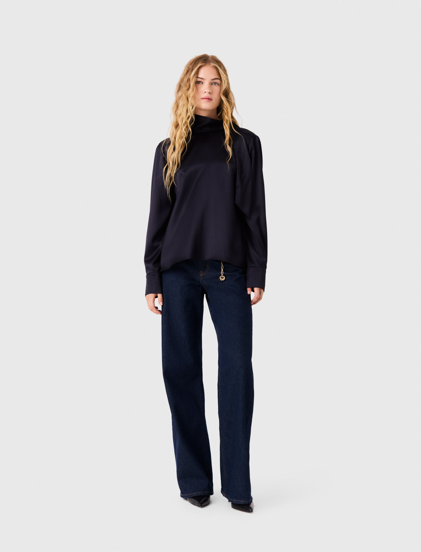 High-neck Satin Top - Navy - Size 6 - Maje