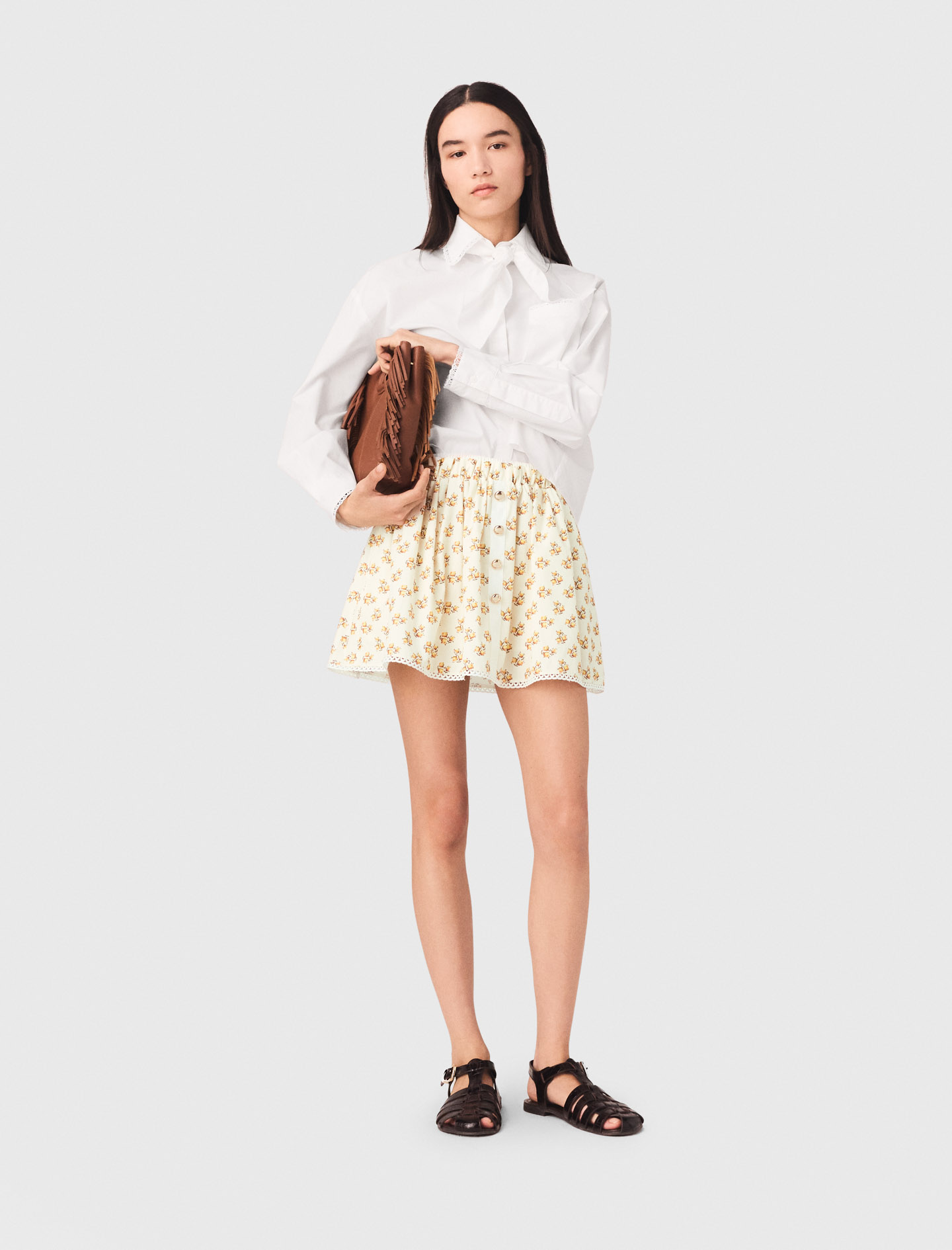 Printed Skirt With Rickrack Trim - Yellow Small Flowers Print - Size 10 - Maje