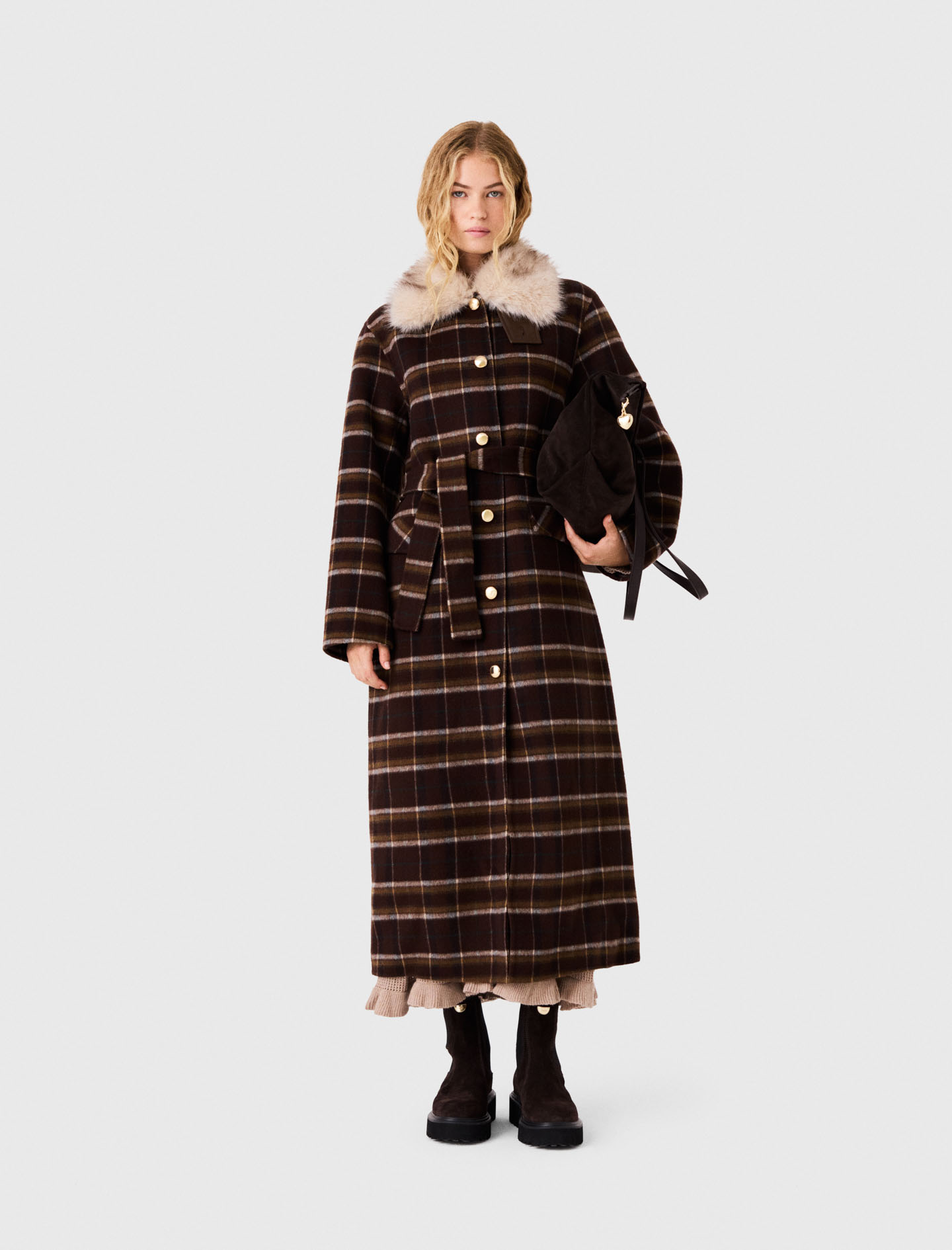 Long Coat With Faux Fur Collar - Dark Brown - Size 12 - Maje