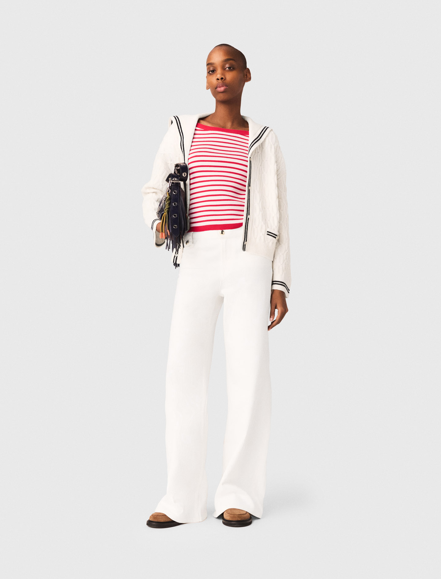 Cable-knit Boat Neck Cardigan - Off White - Size 6 - Maje