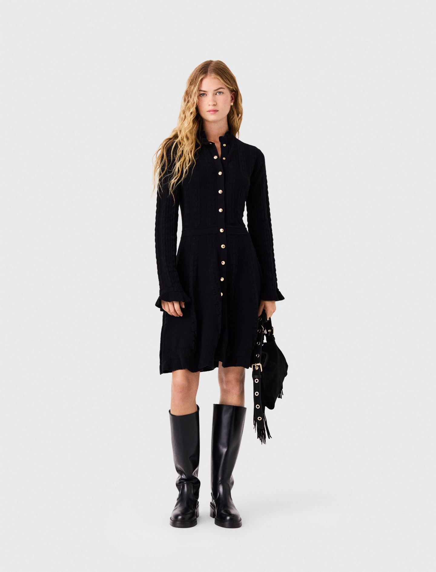 Short Knit Dress With Buttons - Black - Size 14 - Maje