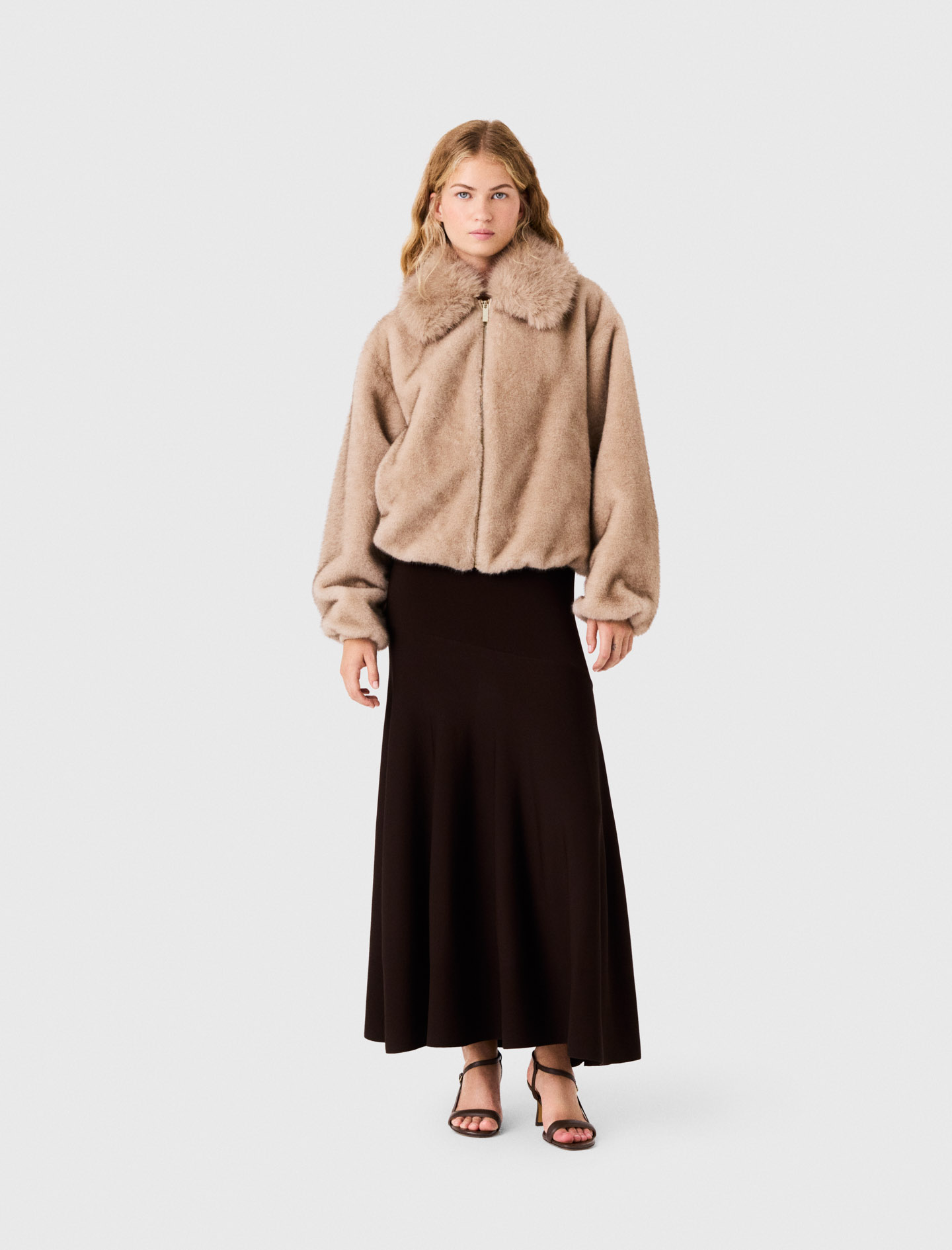 Faux Fur Jacket - Beige - Size 6 - Maje