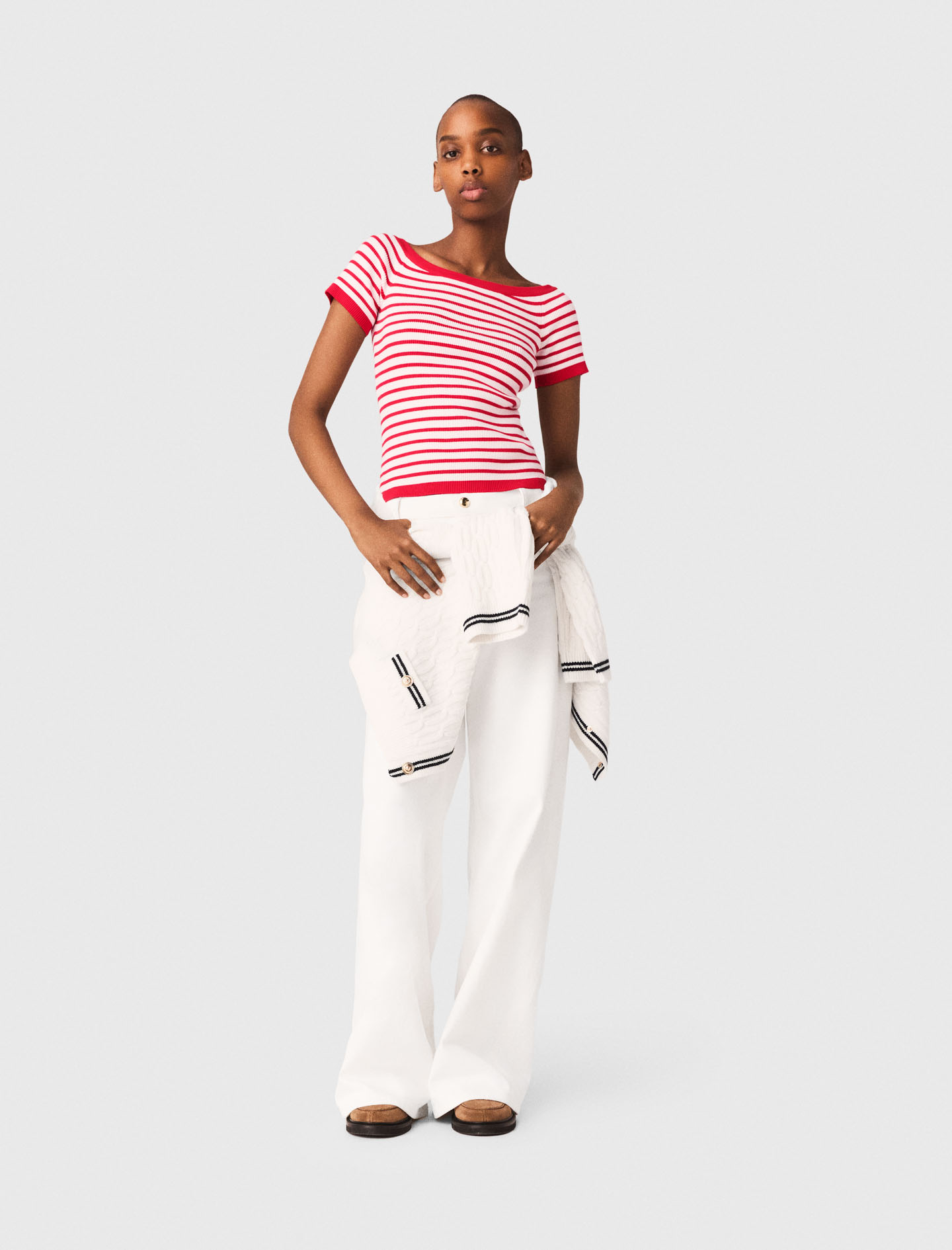 Striped Knit Top With Boat Neck - Red - Size 6 - Maje