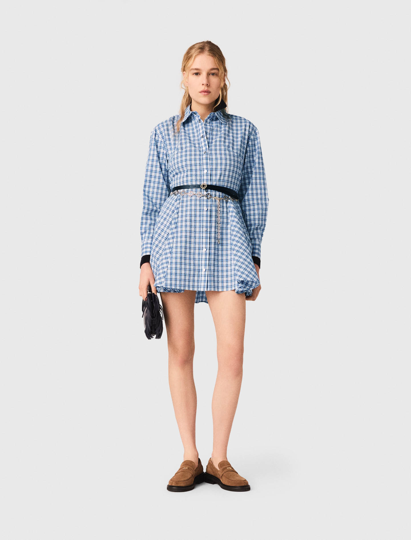Rhinestone-trim Cotton Shirt Dress - Blue Check Print - Size 12 - Maje